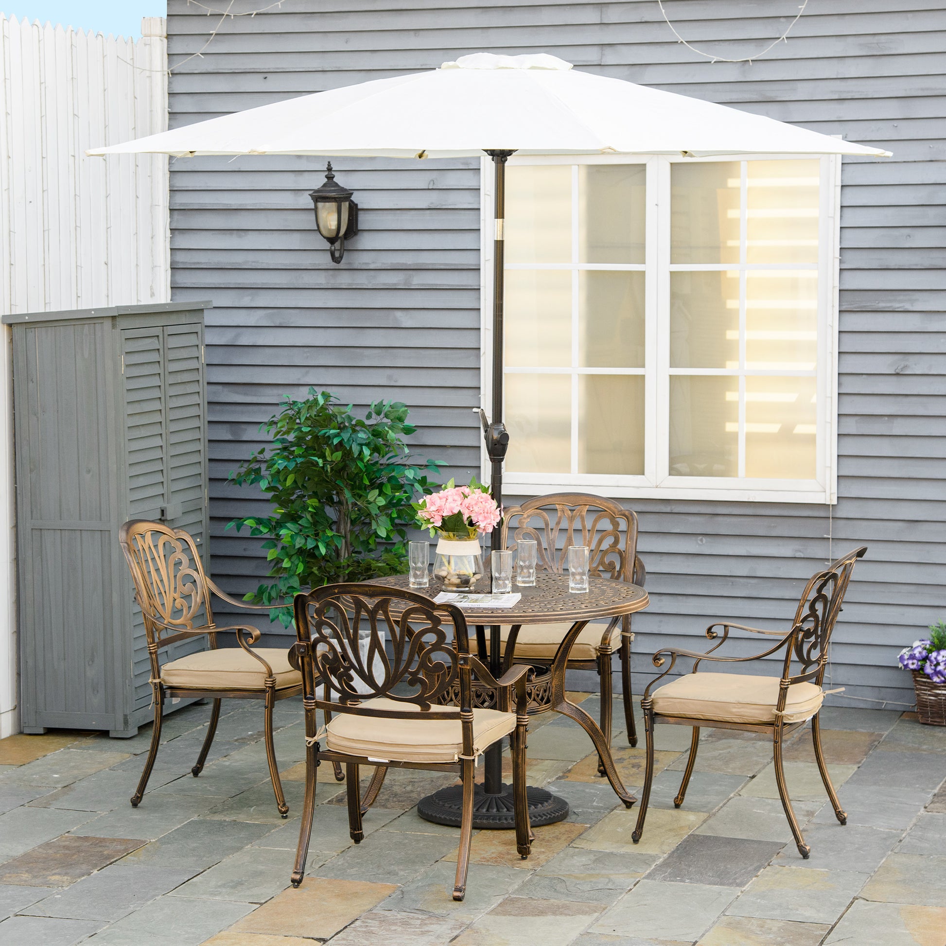 Outsunny Antique Bronze 4-Piece Outdoor Dining Set with Cushions and Umbrella Hole - ALL4U RETAILER LTD