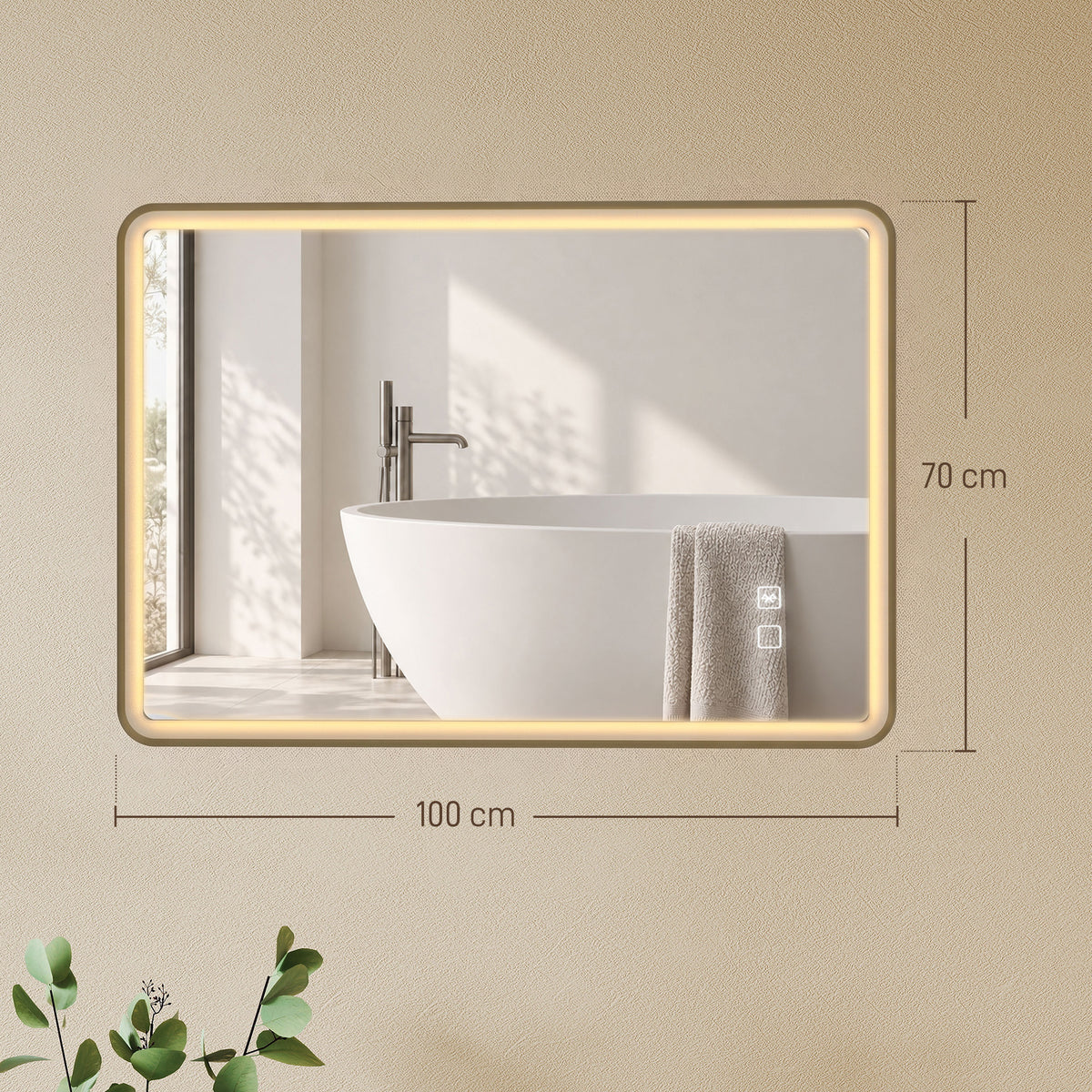Gold-framed LED bathroom mirror, 100 x 70 cm, rounded rectangle glowing border