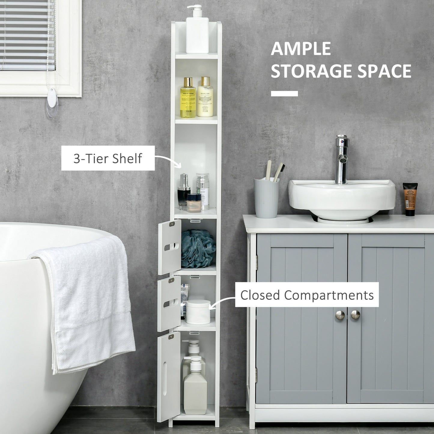 HOMCOM Sleek White Freestanding Bathroom Storage Tower with Open Shelves and 3 Cupboards - ALL4U RETAILER LTD