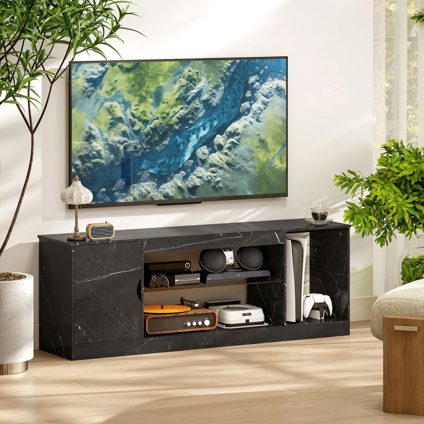 HOMCOM TV Stand Cabinet Black Marble Effect With Glass Shelf Storage Cabinet Entertainment Unit Up To 55 Inch TVs