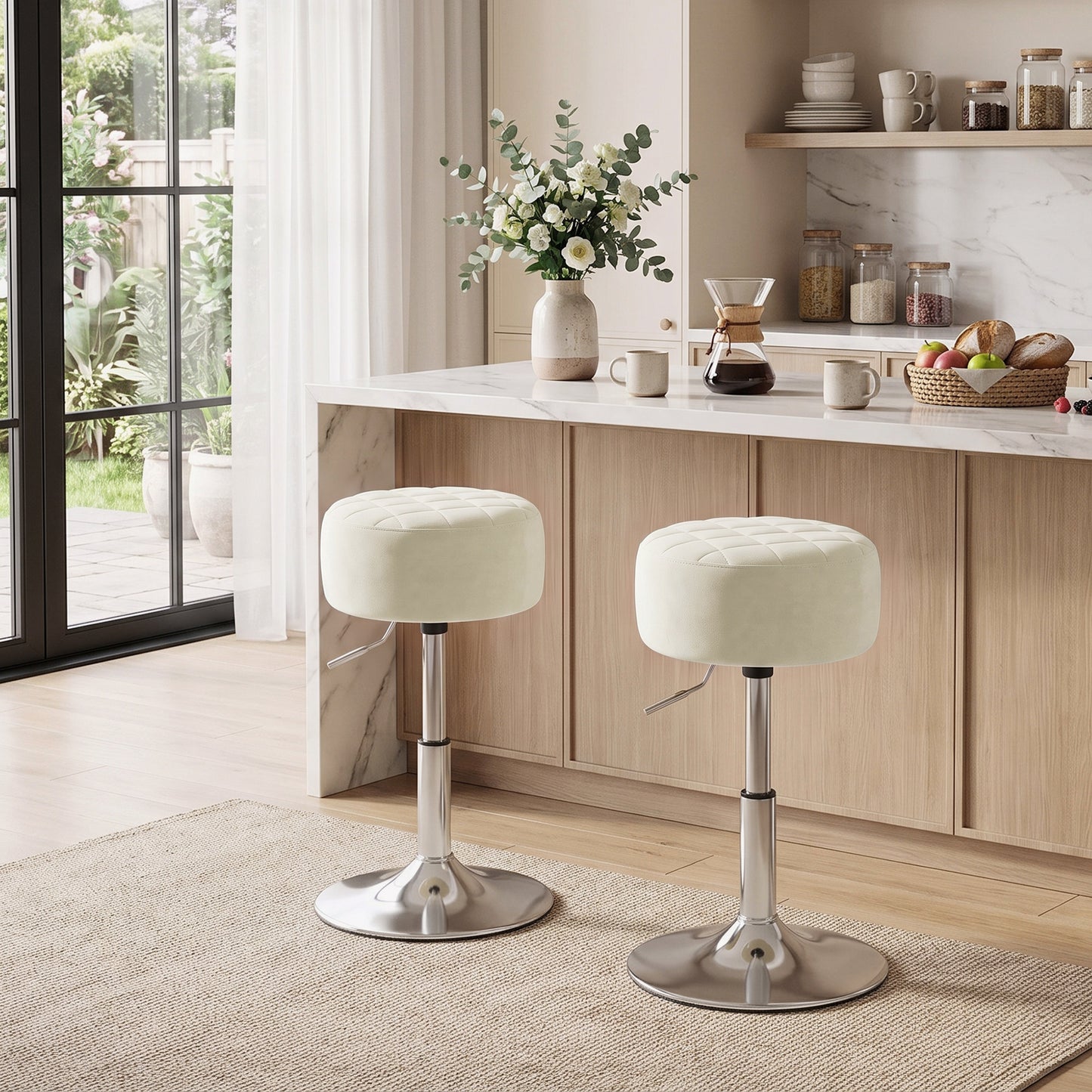 Homcom Adjustable Height Bar Stool Swivel Velvet Seat Kitchen Beige