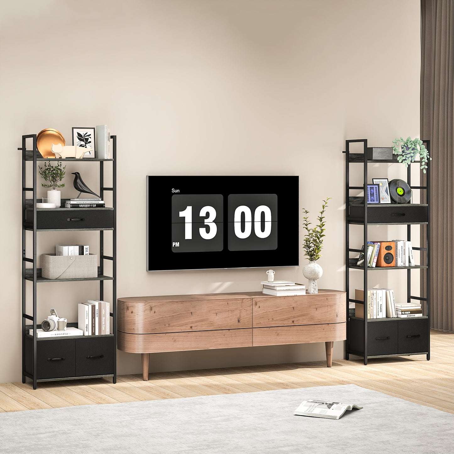 HOMCOM Industrial Style 4 Shelf Bookcase With 3 Fabric Drawers Grey And Black For Open Display