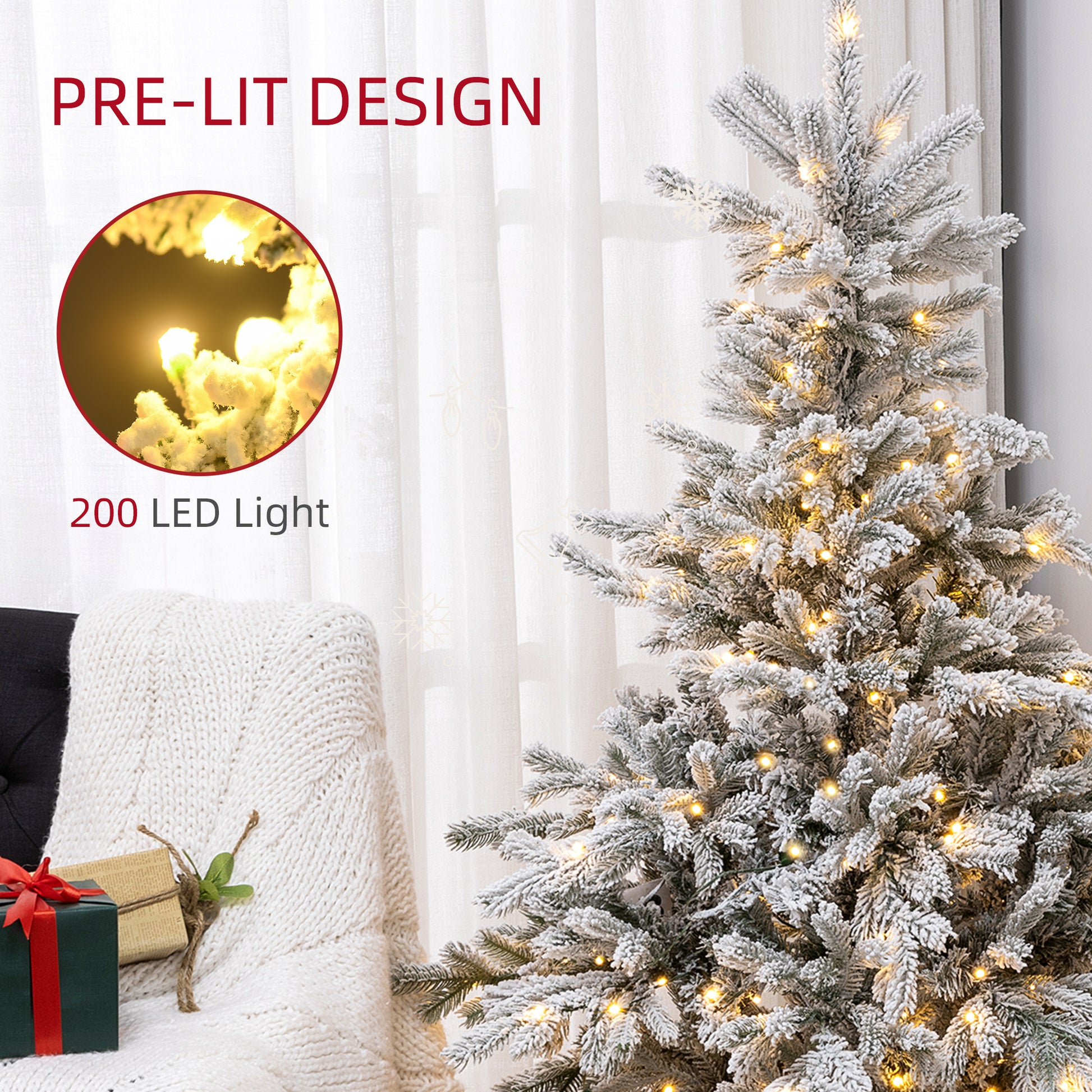 HOMCOM 5ft Prelit Snowy Flocked Christmas Tree with Warm White LEDs and 931 Tips, Includes Sturdy Metal Base - ALL4U RETAILER LTD