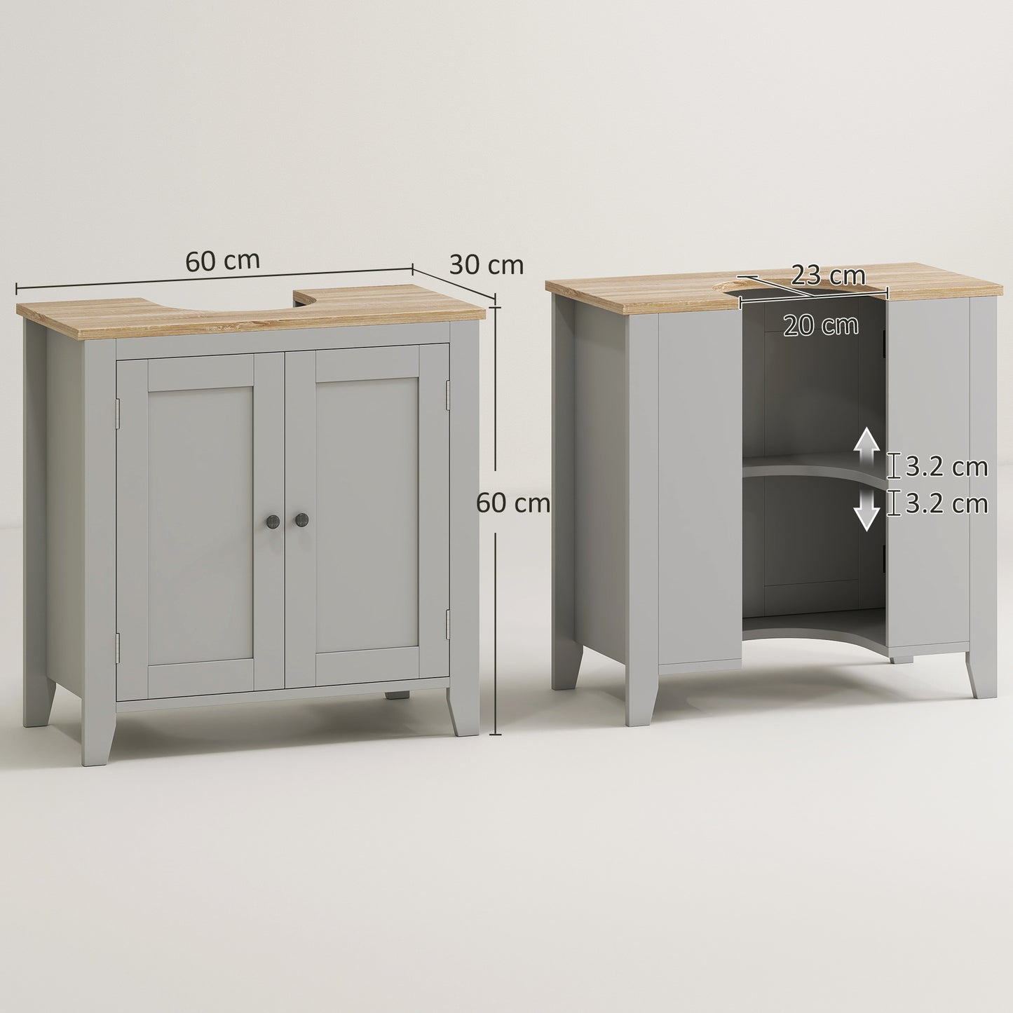 Kleankin Under Sink Cabinet With Two Doors Pedestal Design Freestanding Bathroom Cupboard Grey Adjustable Shelf