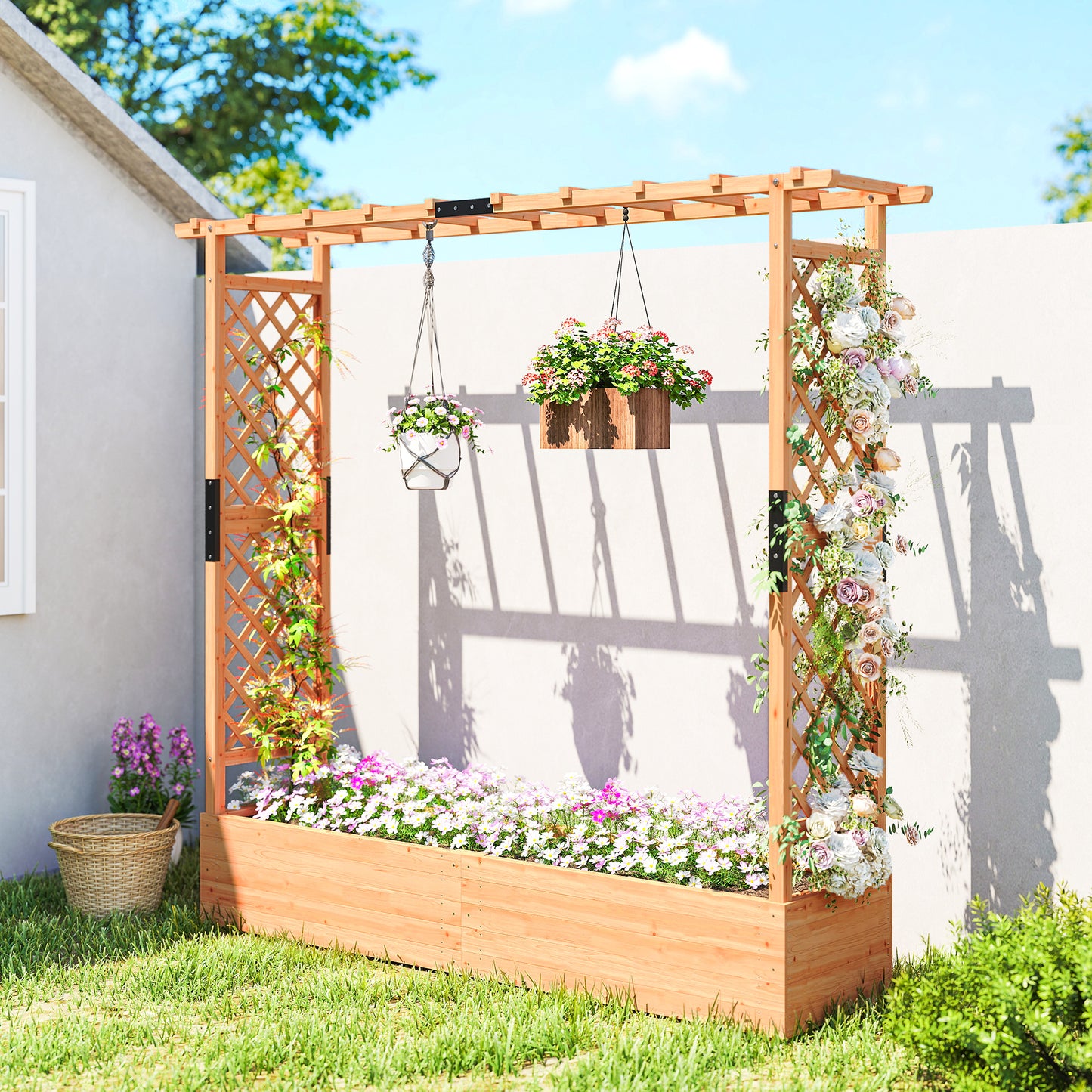 Outsunny Fir Wood Planter and Trellis Garden Bed 171 x 39 cm with Dual Side Trellises for Climbing Plants