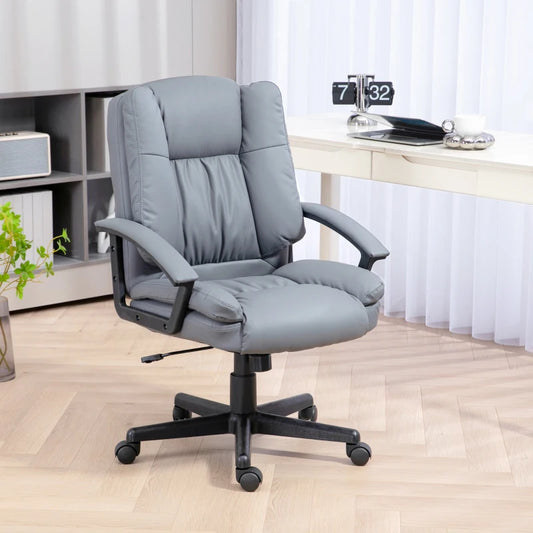 HOMCOM Office Chair - Faux Leather Computer Desk Chair, Mid Back Executive Chair with Adjustable Height and Swivel Rolling Wheels for Home Study - Light Grey