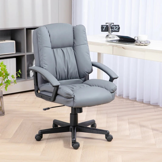 HOMCOM Office Chair - Faux Leather Computer Desk Chair, Mid Back Executive Chair with Adjustable Height and Swivel Rolling Wheels for Home Study - Light Grey - ALL4U RETAILER LTD