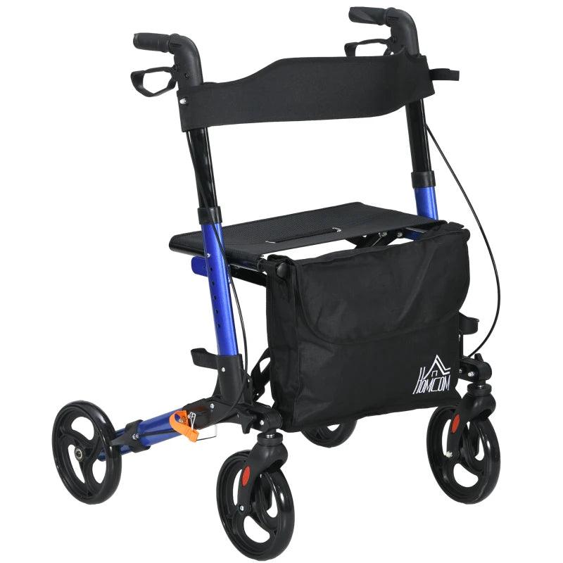 HOMCOM 4 Wheel Rollator with Seat and Back - Folding Mobility Walker with Carry Bag, Adjustable Height, Dual Brakes, Cane Holder - Lightweight Aluminium Walking Frame for Seniors and Disabled - ALL4U RETAILER LTD