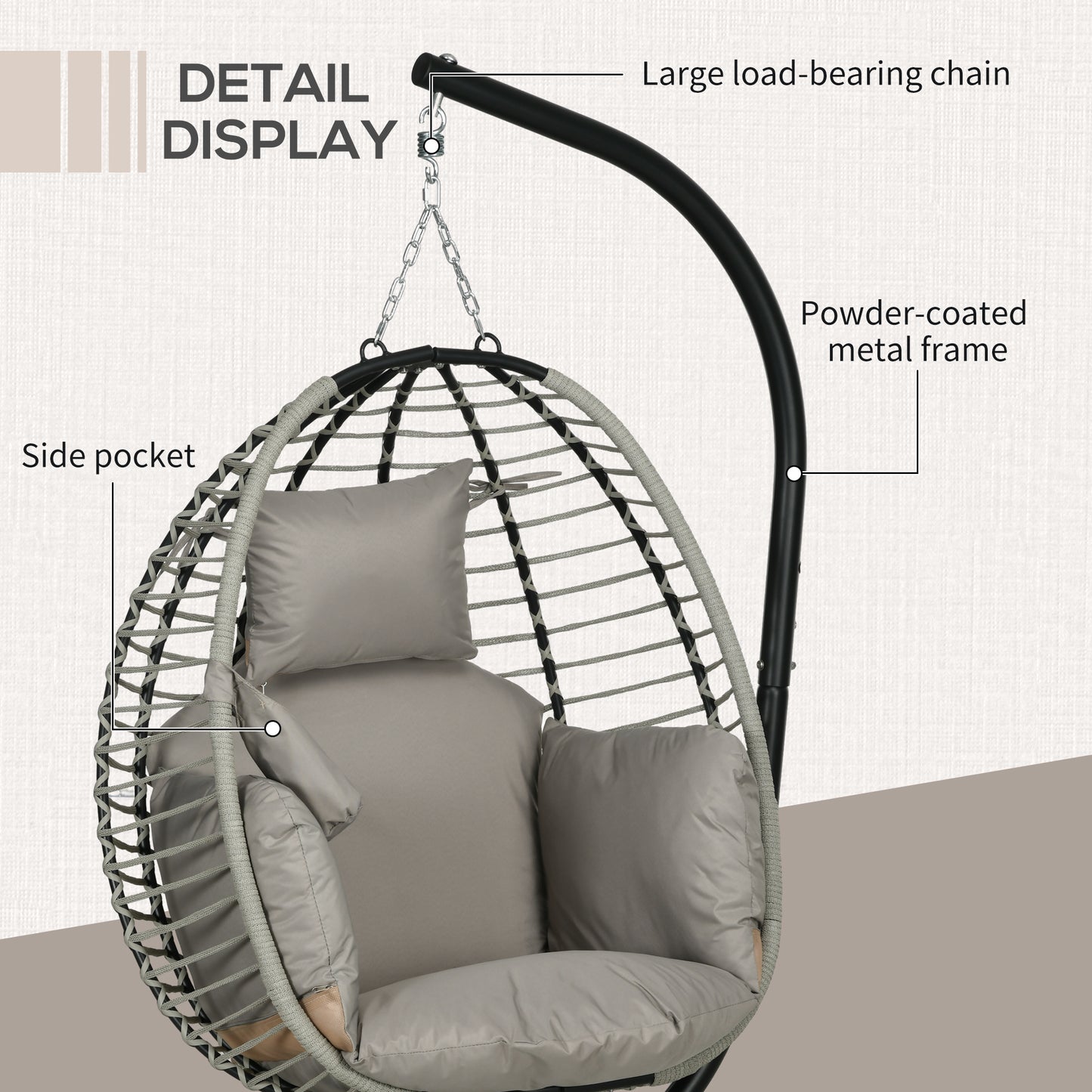 Outsunny Hanging Egg Chair with Padded Cushion and Metal Stand, Foldable Design with Cup Holder - ALL4U RETAILER LTD