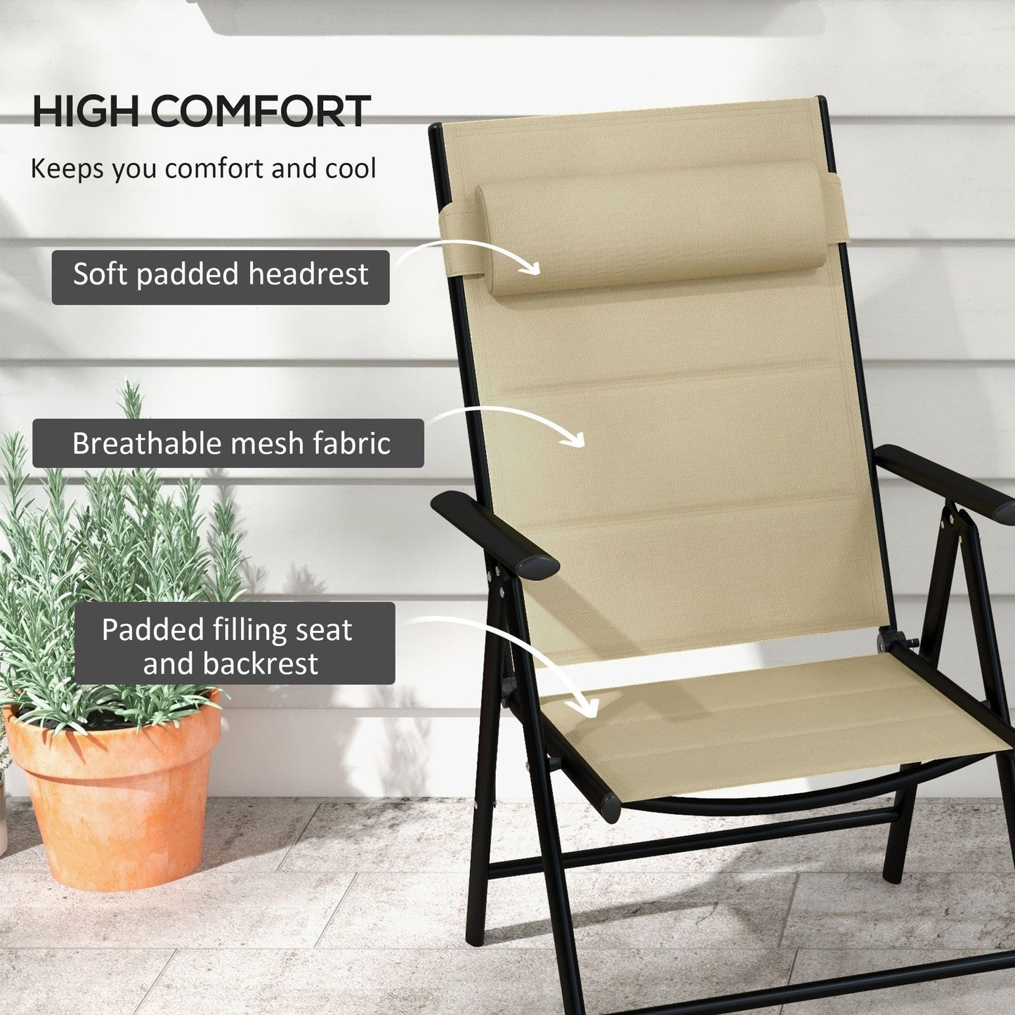 Outsunny Set of 2 Patio Folding Chairs w/ Adjustable Back, Garden Dining Chairs w/ Breathable Mesh Fabric Padded Seat, Backrest, Headrest, Khaki - ALL4U RETAILER LTD