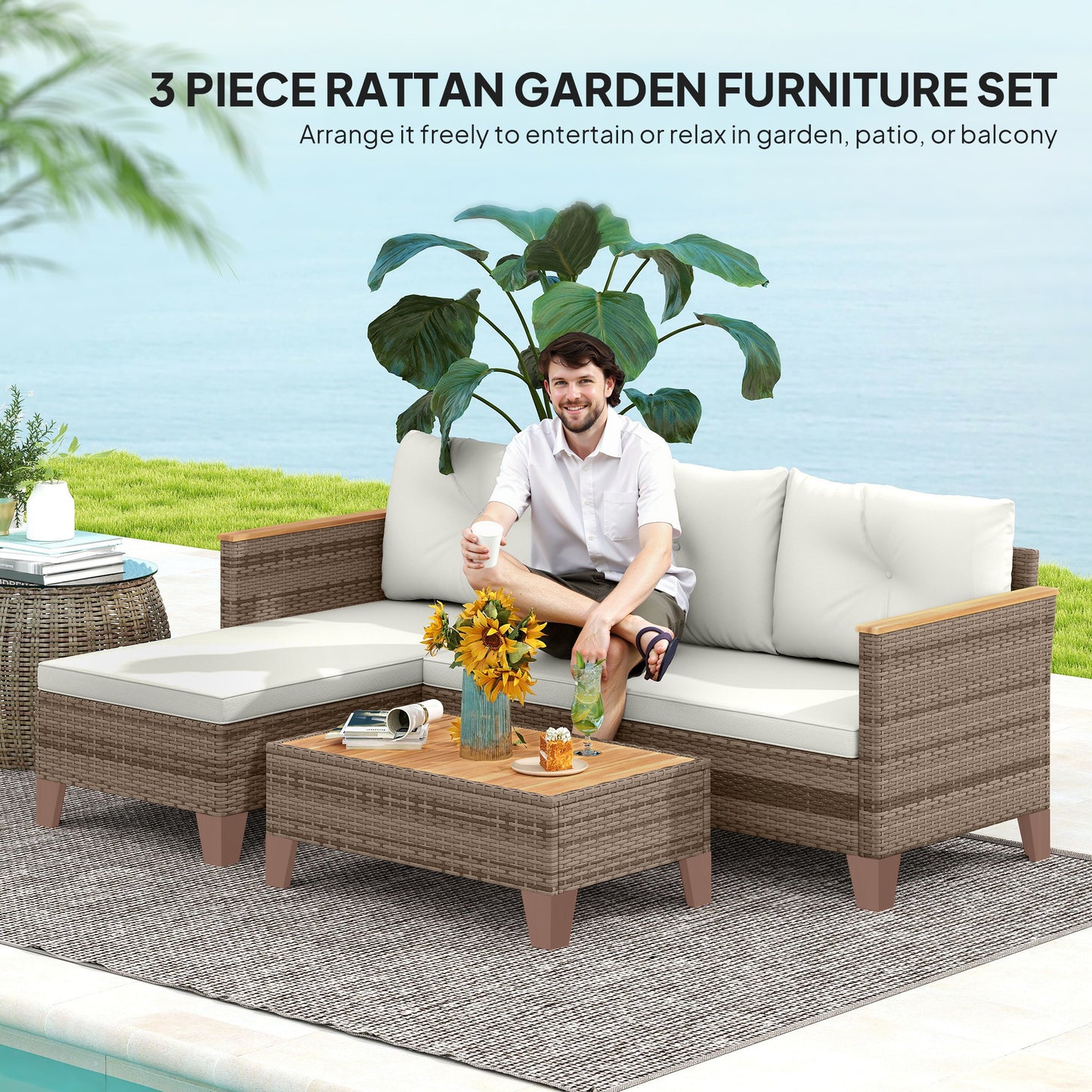Outsunny 3 Piece Rattan Garden Furniture Set L Conversation Chaise Lounge With Wood Top Coffee Table And Cream Cushions