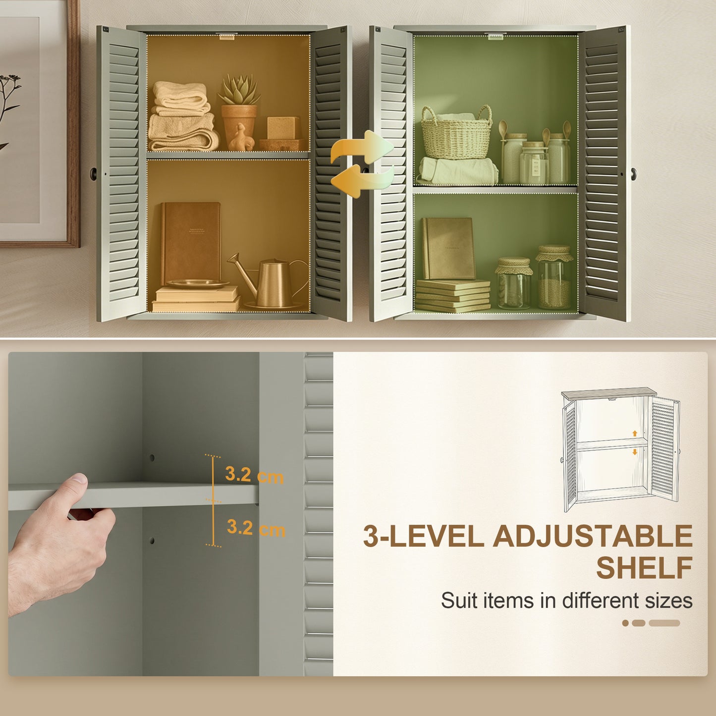 HOMCOM Bathroom Wall Cabinet With Louvered Doors And Adjustable Shelf Storage Light Green