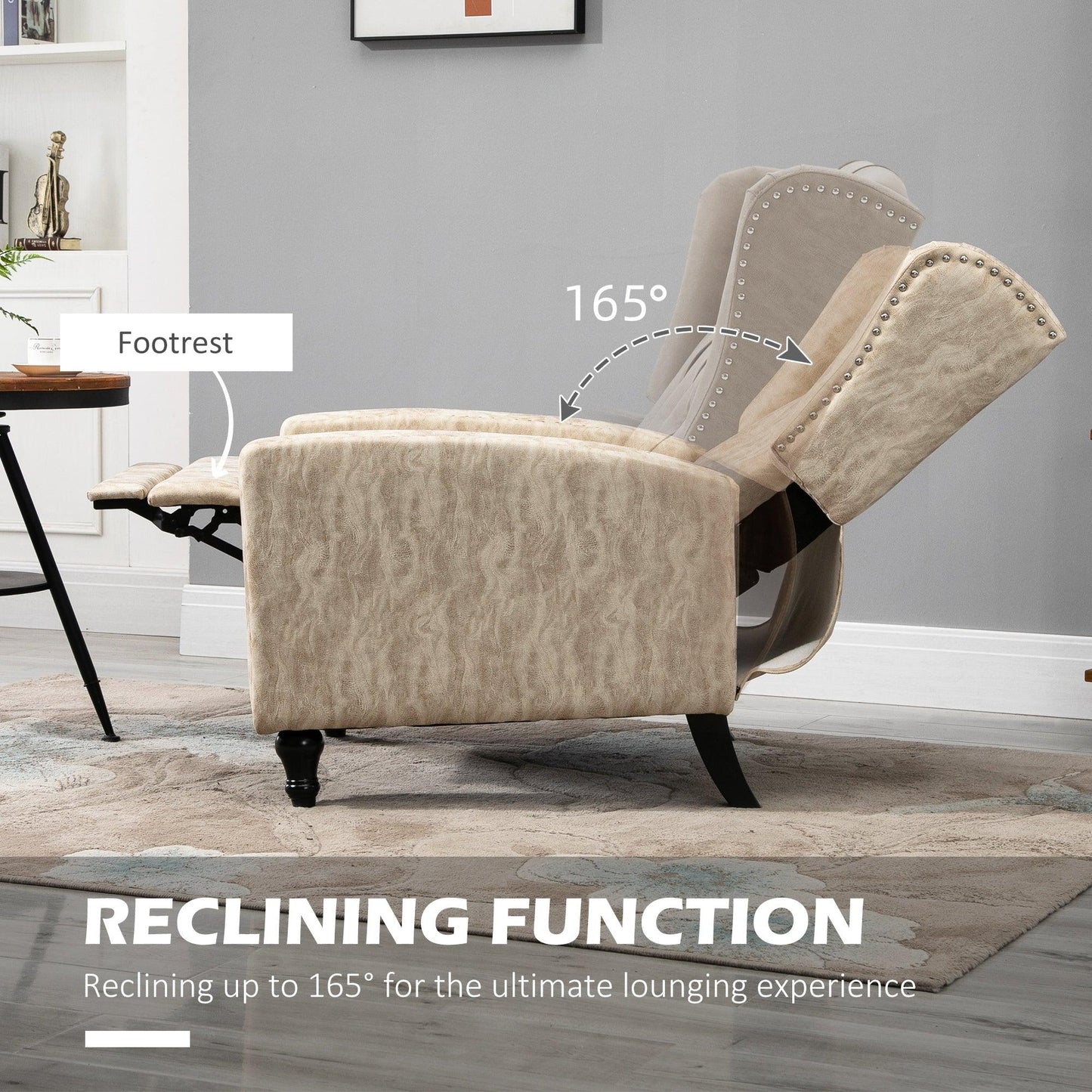 HOMCOM Studded Upholstered Reclining Armchair w/ Retractable Footrest Beige - ALL4U RETAILER LTD