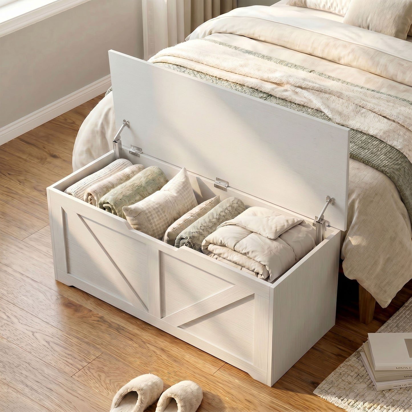 HOMCOM 127L Home Storage Trunk With Safety Hinges White Wood Effect Spacious Blanket Box And Seat