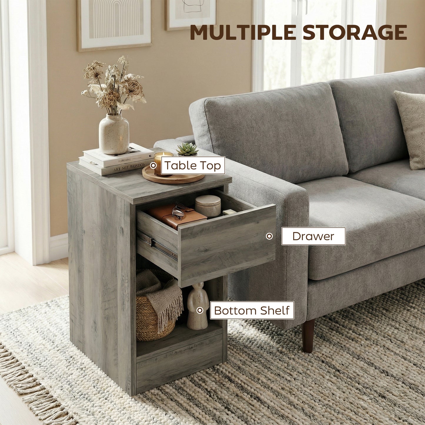 HOMCOM Set of Two Modern Storage Bedside Tables Grey With Wood Effect Tops Slim Design And Versatile Nightstands