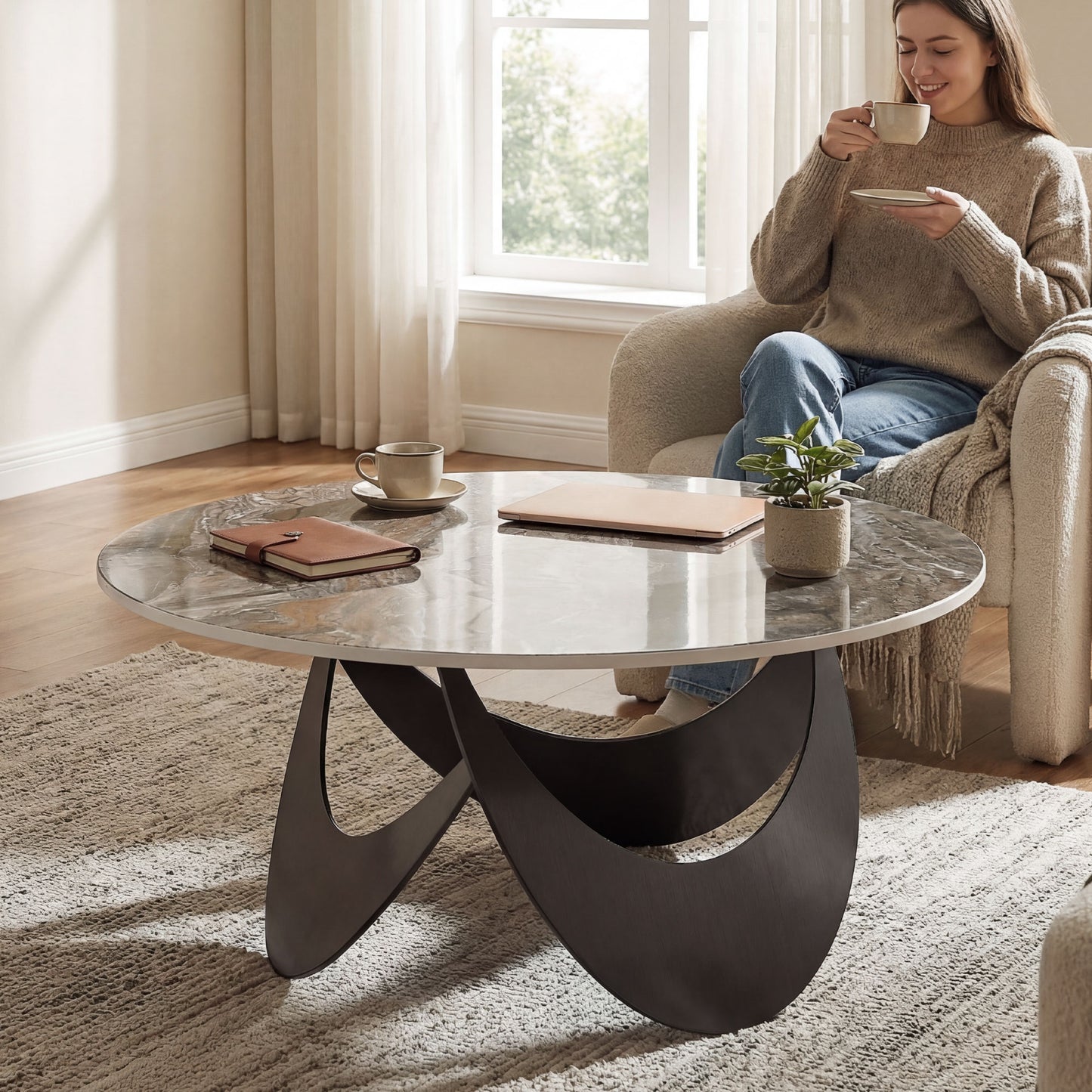 HOMCOM Coffee Table With Sintered Stone Top Adjustable Foot Pads Modern Centre Table For Living Room Brown And Black