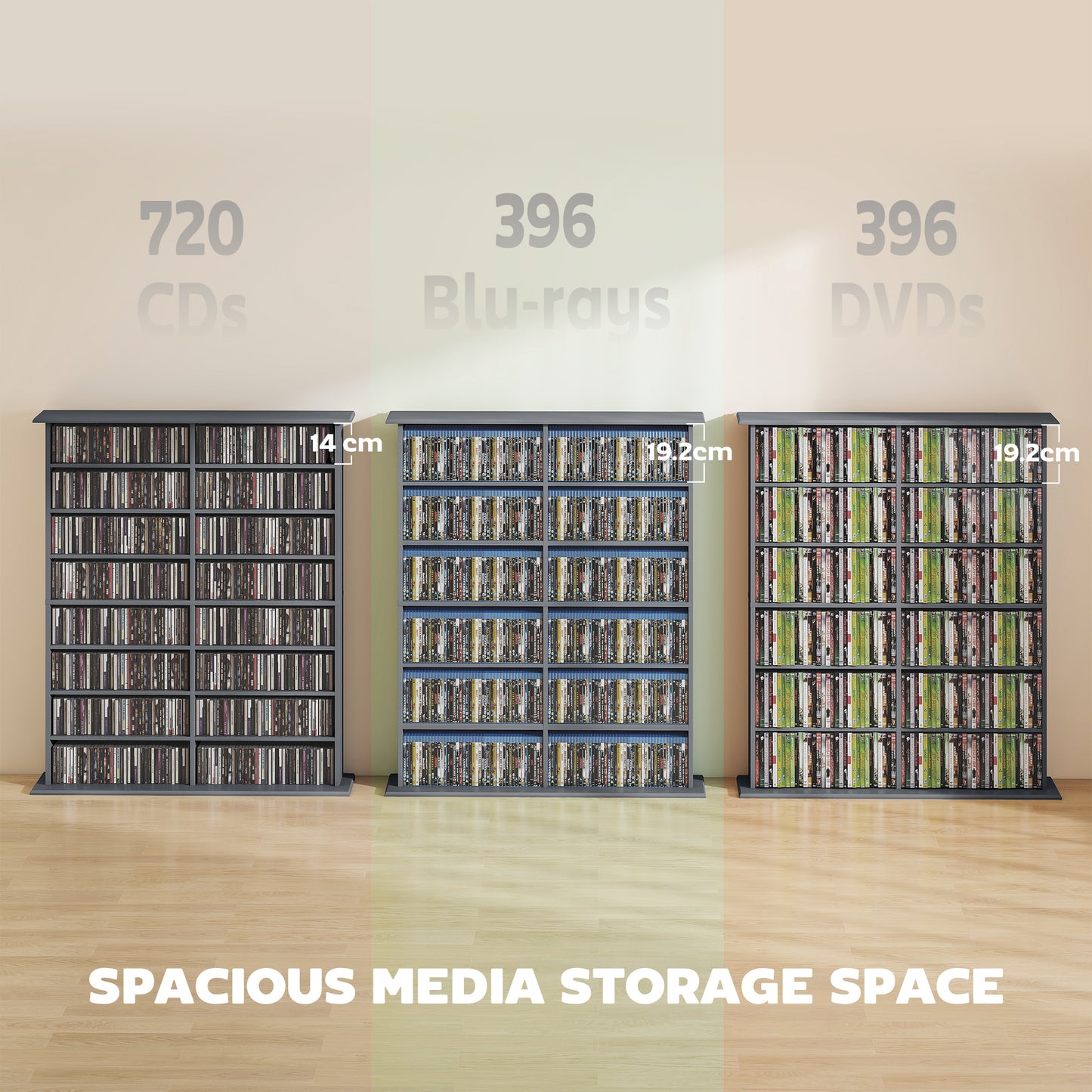 HOMCOM 16 Compartment Media Shelf Grey With 12 Adjustable Shelves Holds 720 CDs 396 DVDs Or Blu Rays Anti Tip Straps