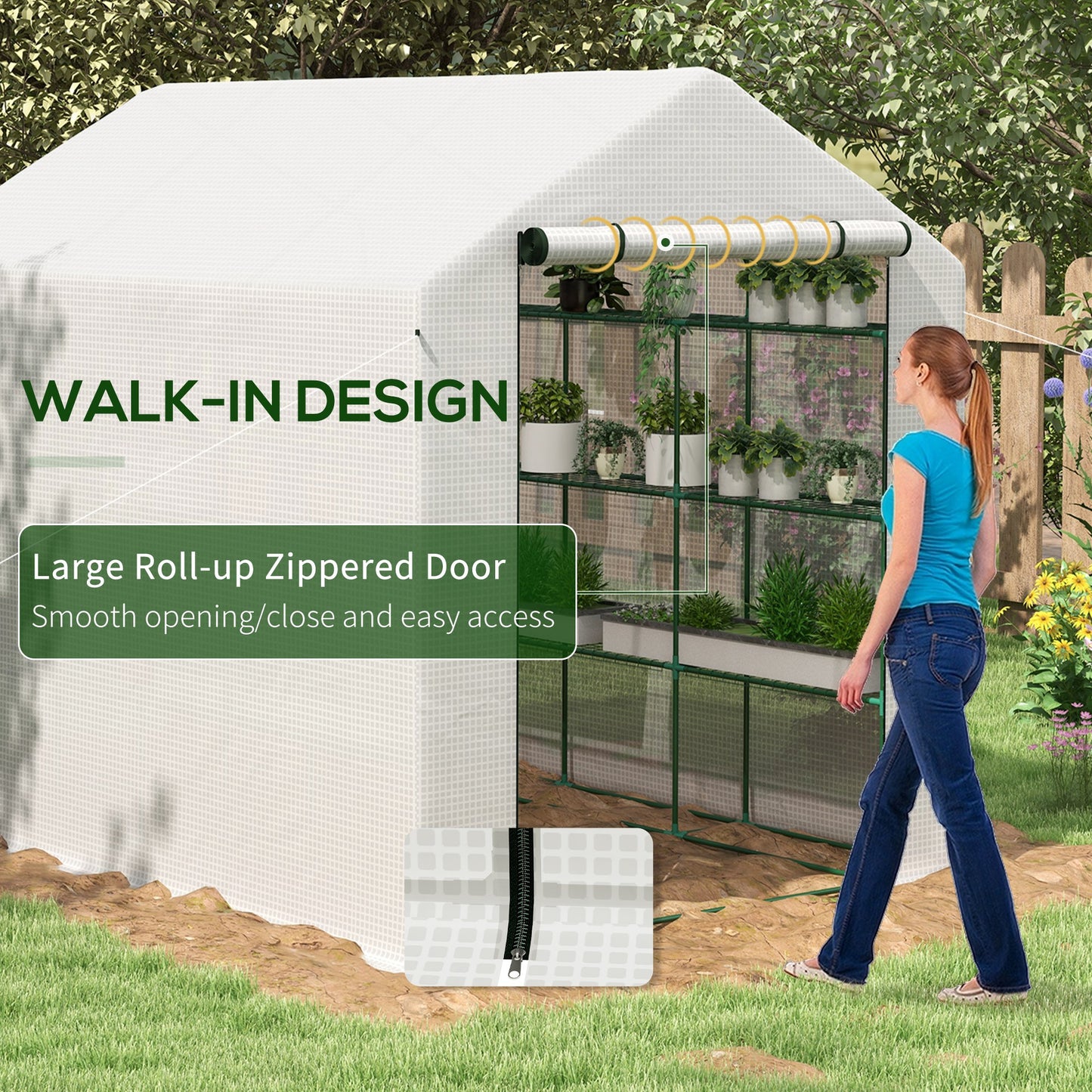 Outsunny 8x6ft Walk In Greenhouse With Shelves White Powder Coated Steel Frame For Outdoor Garden Use
