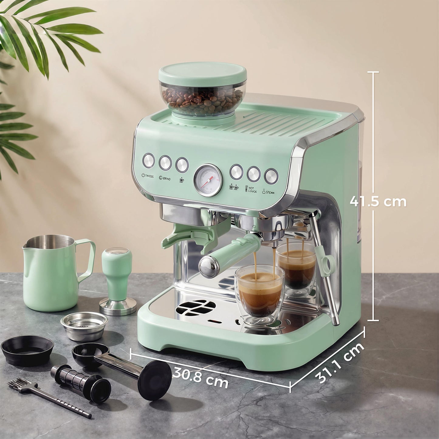 HOMCOM Bean To Cup Coffee Machine With Integrated Grinder And Steam Wand 15 Bar Pressure Light Green
