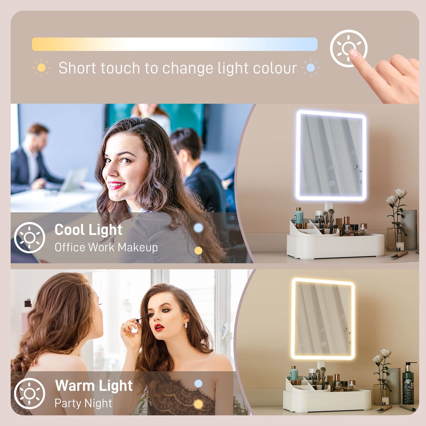 HOMCOM Rechargeable Makeup Mirror With Lights And Touch Screen, 2 Lighting Modes, 180 Degree Rotation, White