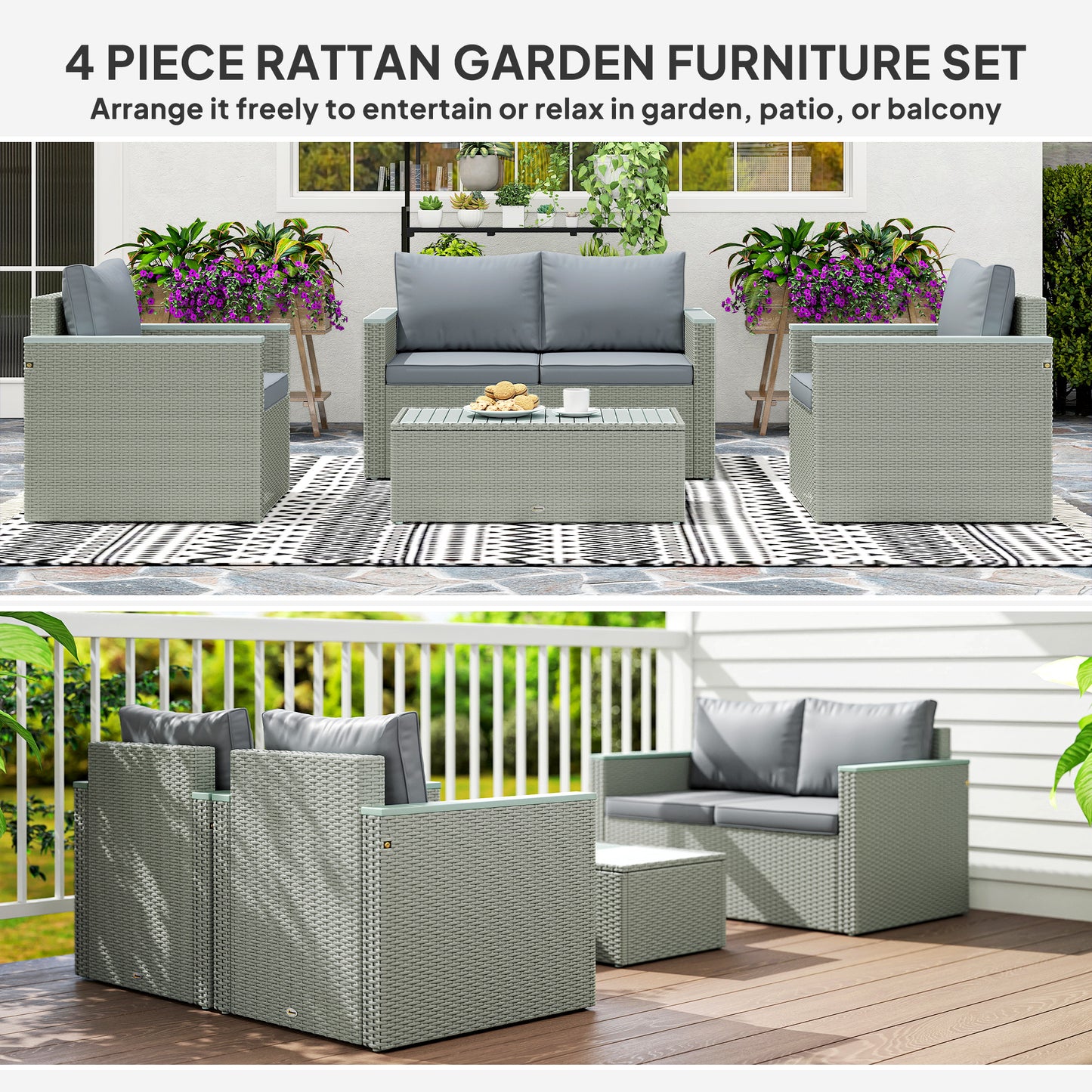 Outsunny Four Piece Rattan Sofa Set With Wood Top Table Outdoor Patio Garden Seating For Four