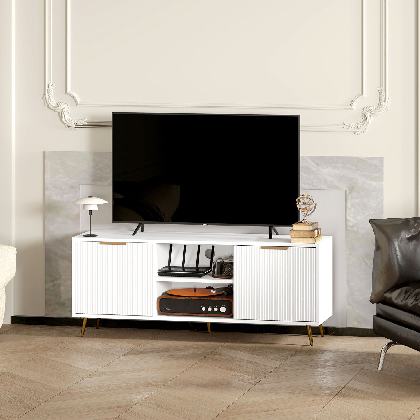 HOMCOM Modern TV Stand For 55 Inch TVs White Entertainment Center With 2 Cabinets Open Shelves Cable Management