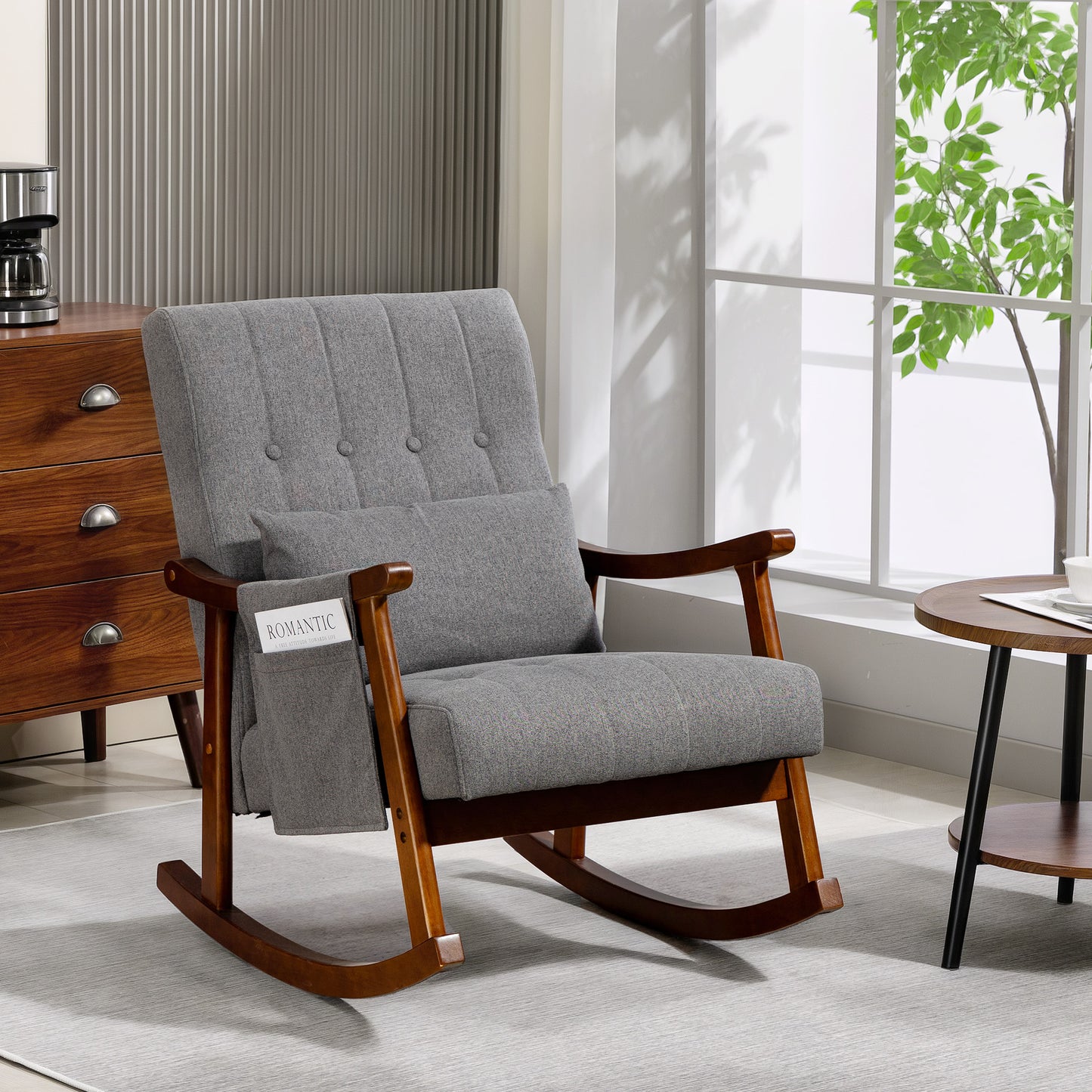 HOMCOM Wood Frame Rocking Armchair Grey With Padded Seat And Back For Cozy Lounging