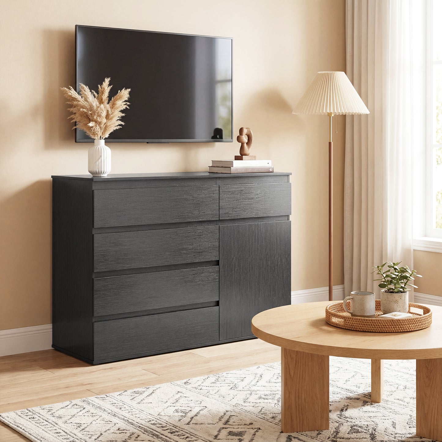 HOMCOM Modern Sideboard With 5 Drawers And Adjustable Shelf Soft Close Door Black Finish