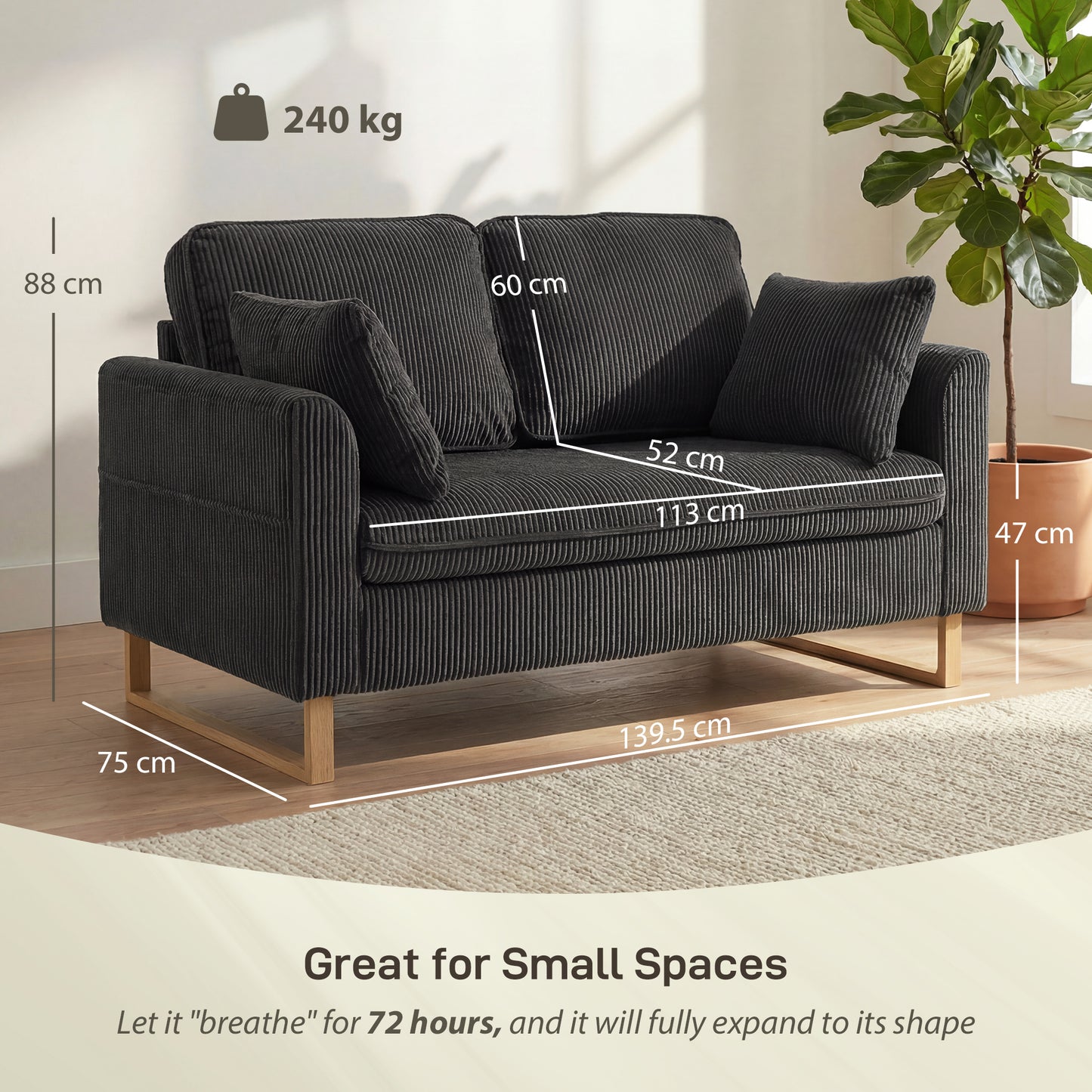 HOMCOM 2 Seater Sofa Loveseat 140 cm With Spring Cushions Metal Legs And 2 Pillows Dark Grey
