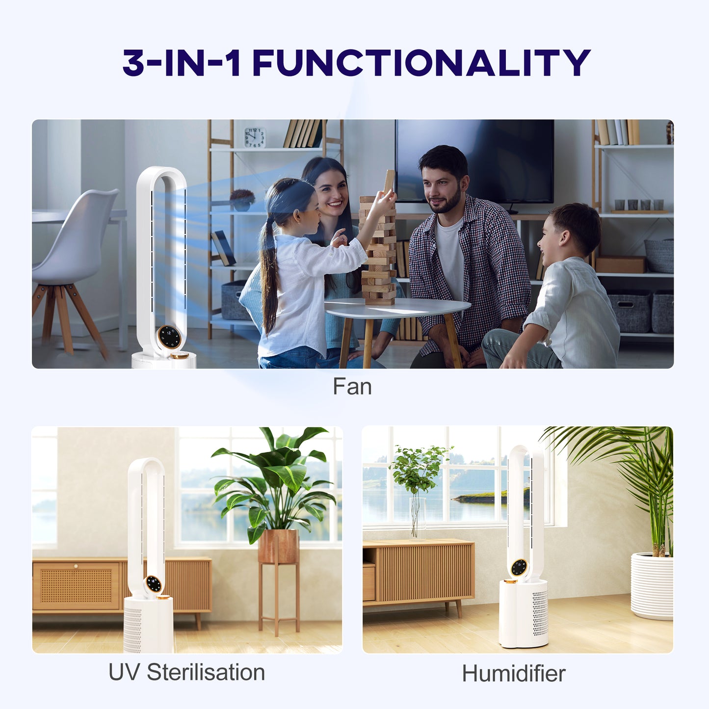 HOMCOM Bladeless Tower Fan And Humidifier White Multi Mode UV Sterilisation Low Noise 28 dB