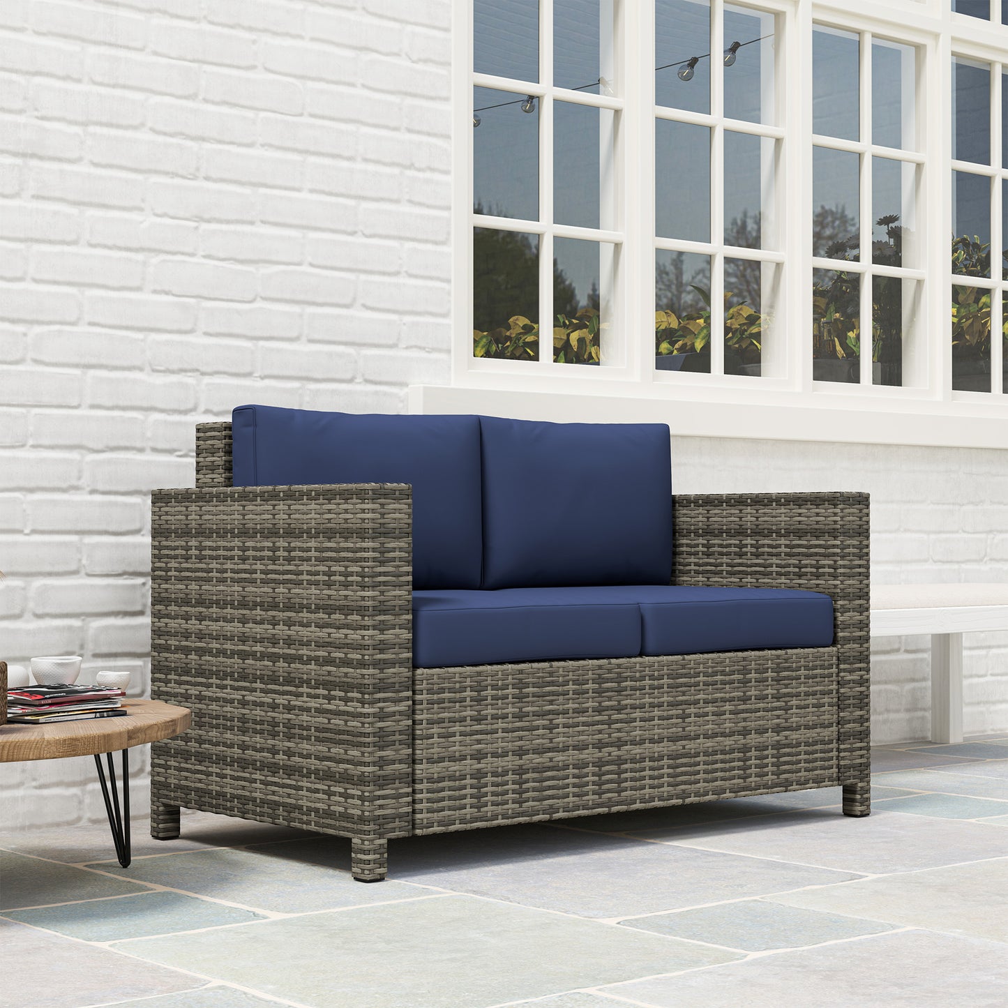 Outsunny Rattan Sofa 2 Seater Garden Furniture Wicker Loveseat With Soft Padded Cushions And Armrests Navy Blue