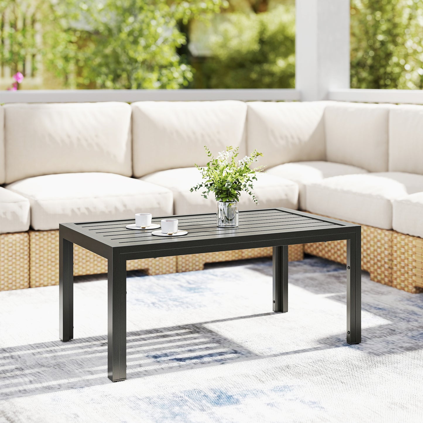Outsunny Outdoor Rectangular Side Table With Steel Frame And Slat Tabletop For Garden Balcony Grey