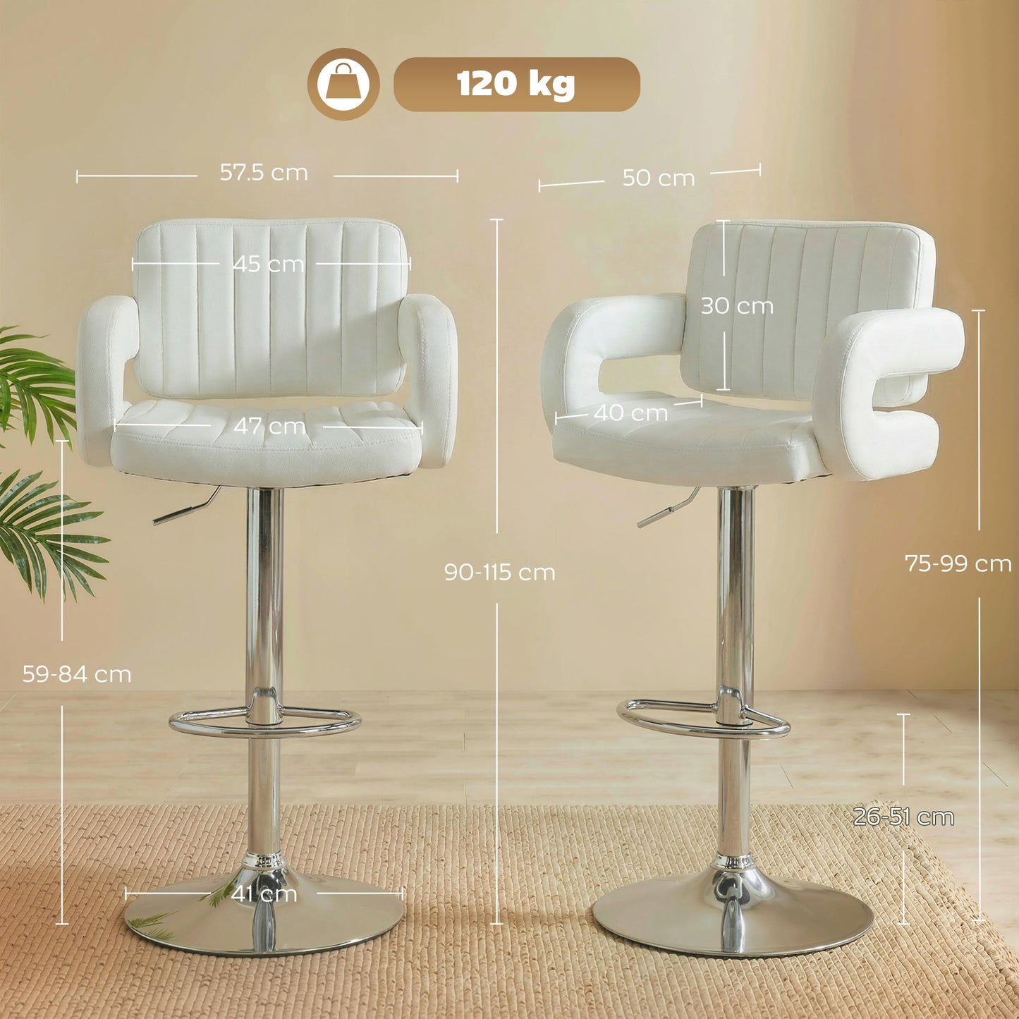 HOMCOM Adjustable Bar Stools Set Of 2 Swivel Kitchen Chairs With Backrest And Armrests PU Leather White