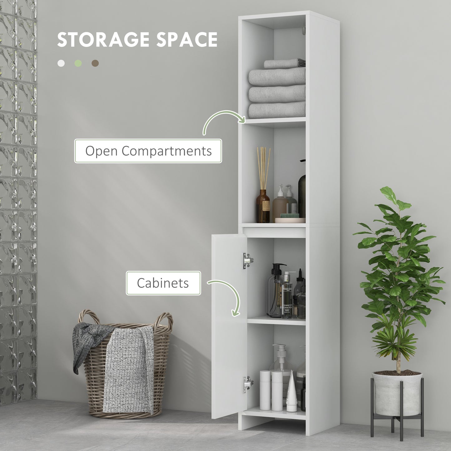 HOMCOM Narrow Tall Bathroom Cabinet White Slim Freestanding Storage Cupboard With Two Open Compartments And Inner Shelf