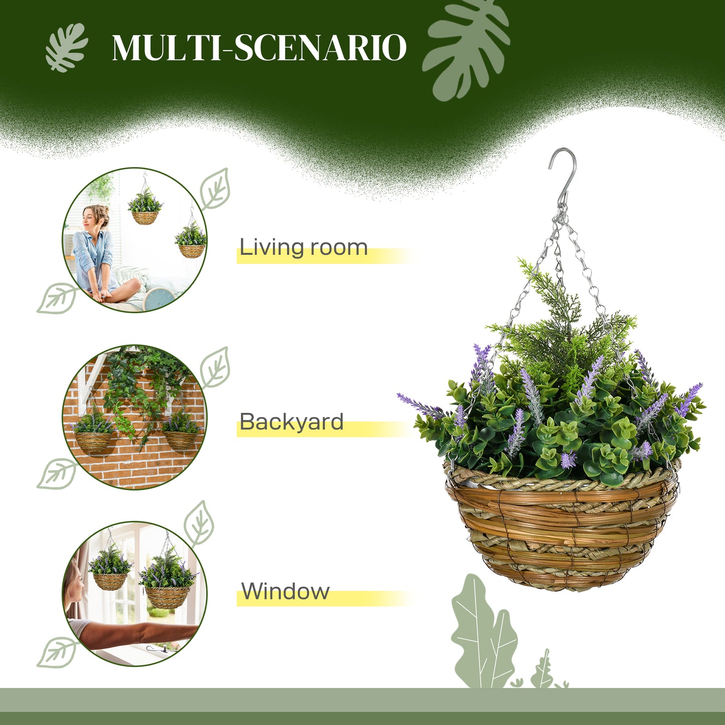 Outsunny Set of 2 Purple Artificial Lisianthus Flower Hanging Planters with Wicker Baskets for Indoor and Outdoor Use - ALL4U RETAILER LTD