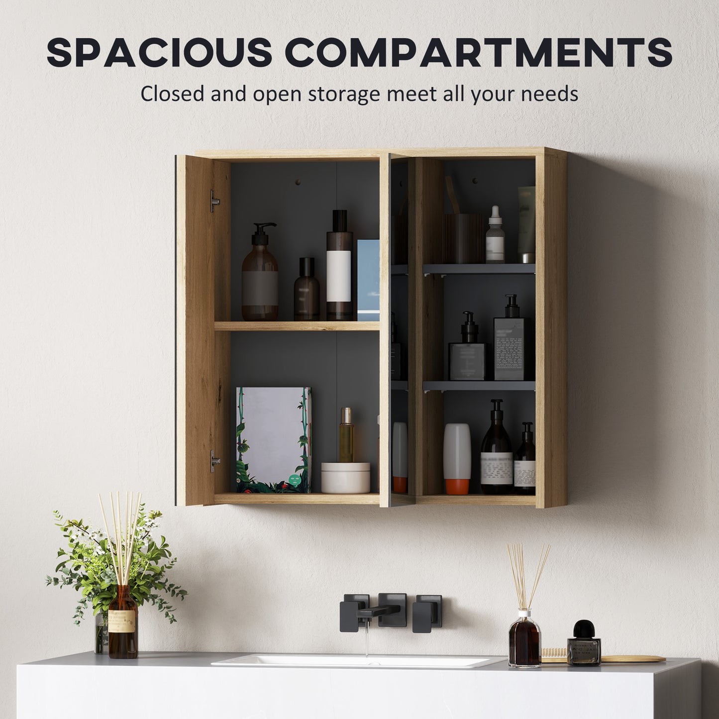 HOMCOM Five Shelf Mirrored Bathroom Cabinet Wood Effect Wall Mounted With Door Shelves And Outer Shelves