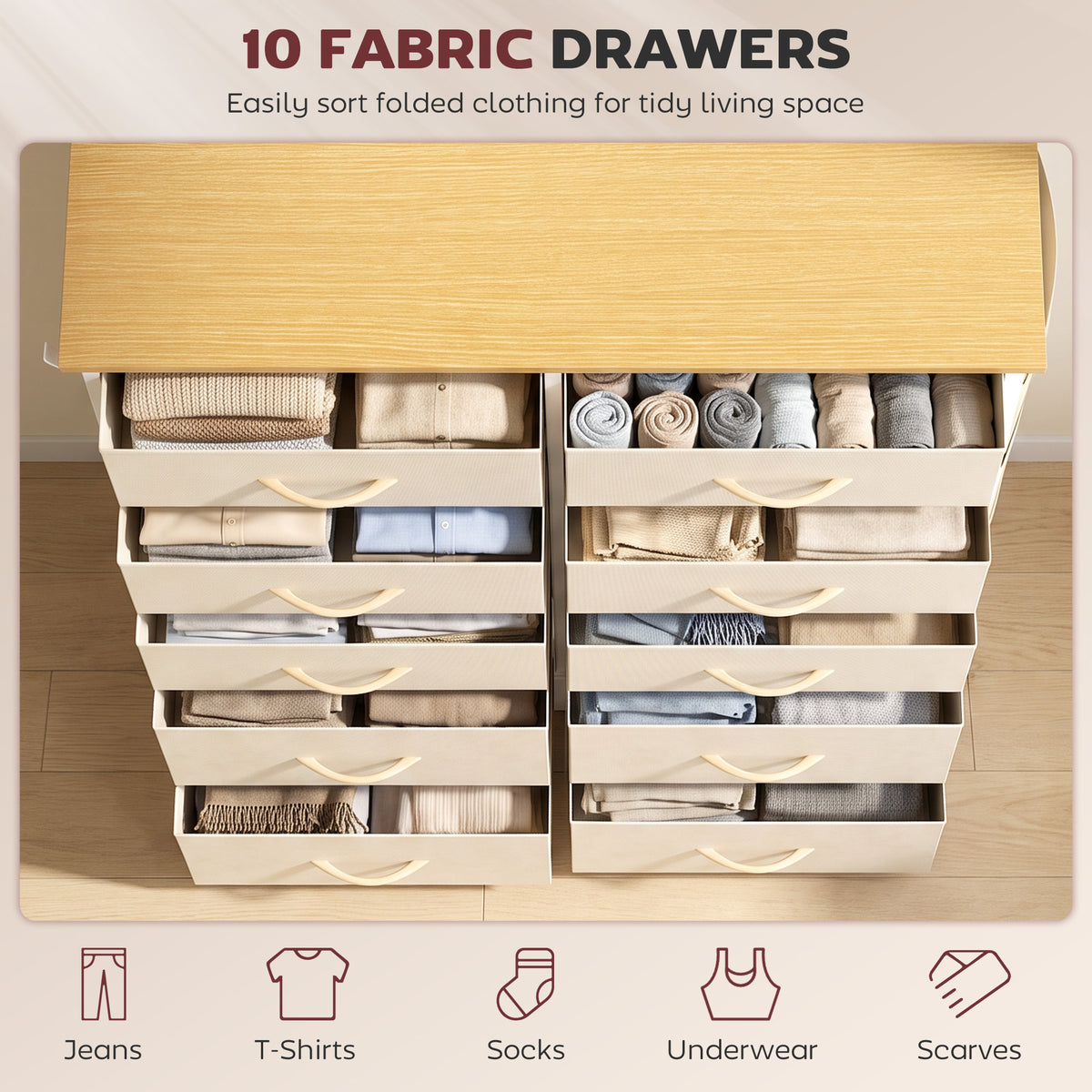 Homcom 10 Drawer Fabric Dresser With Steel Frame And Hooks Beige
