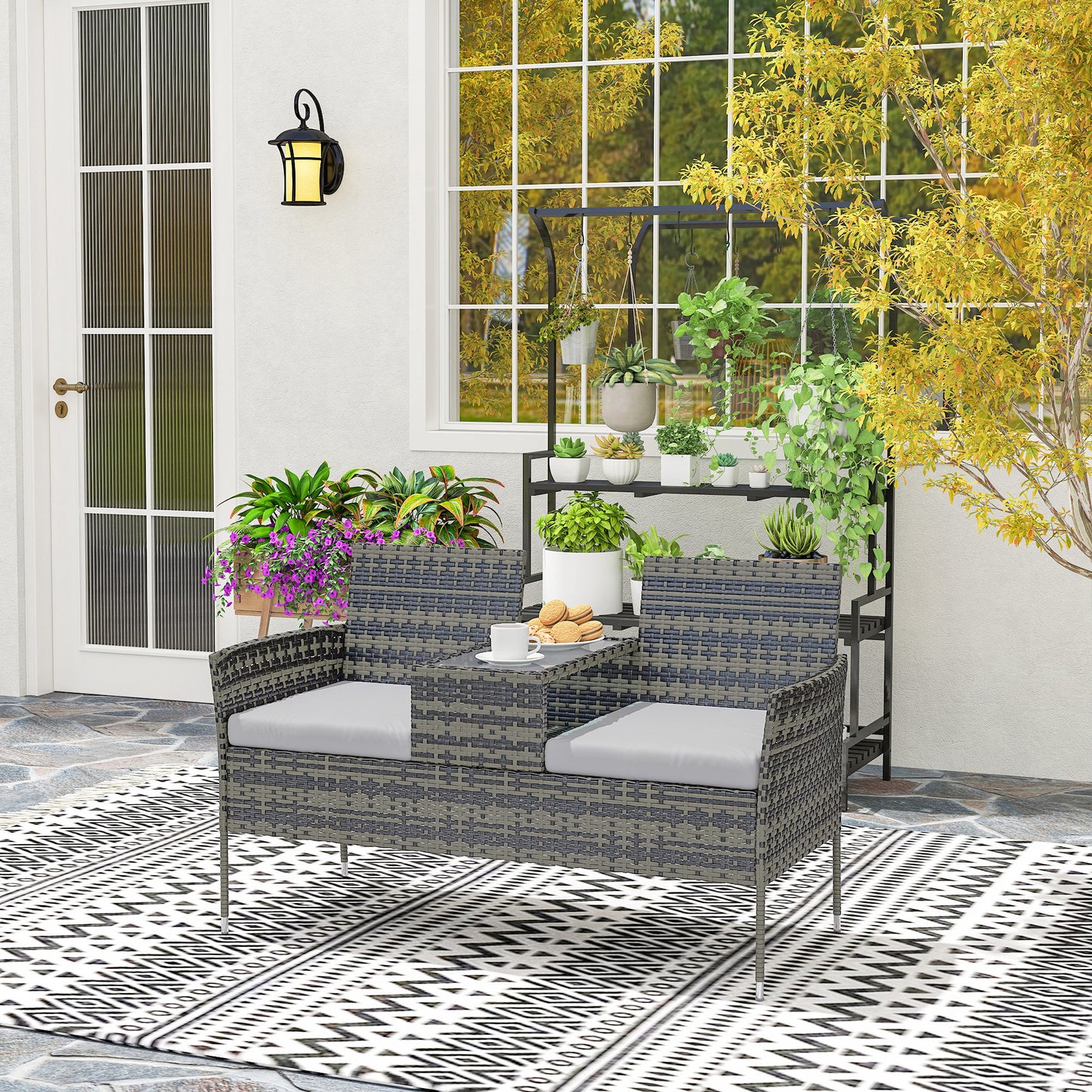 Outsunny Two Seat Rattan Chair With Middle Table Outdoor Patio Set Charcoal Grey Tempered Glass Top