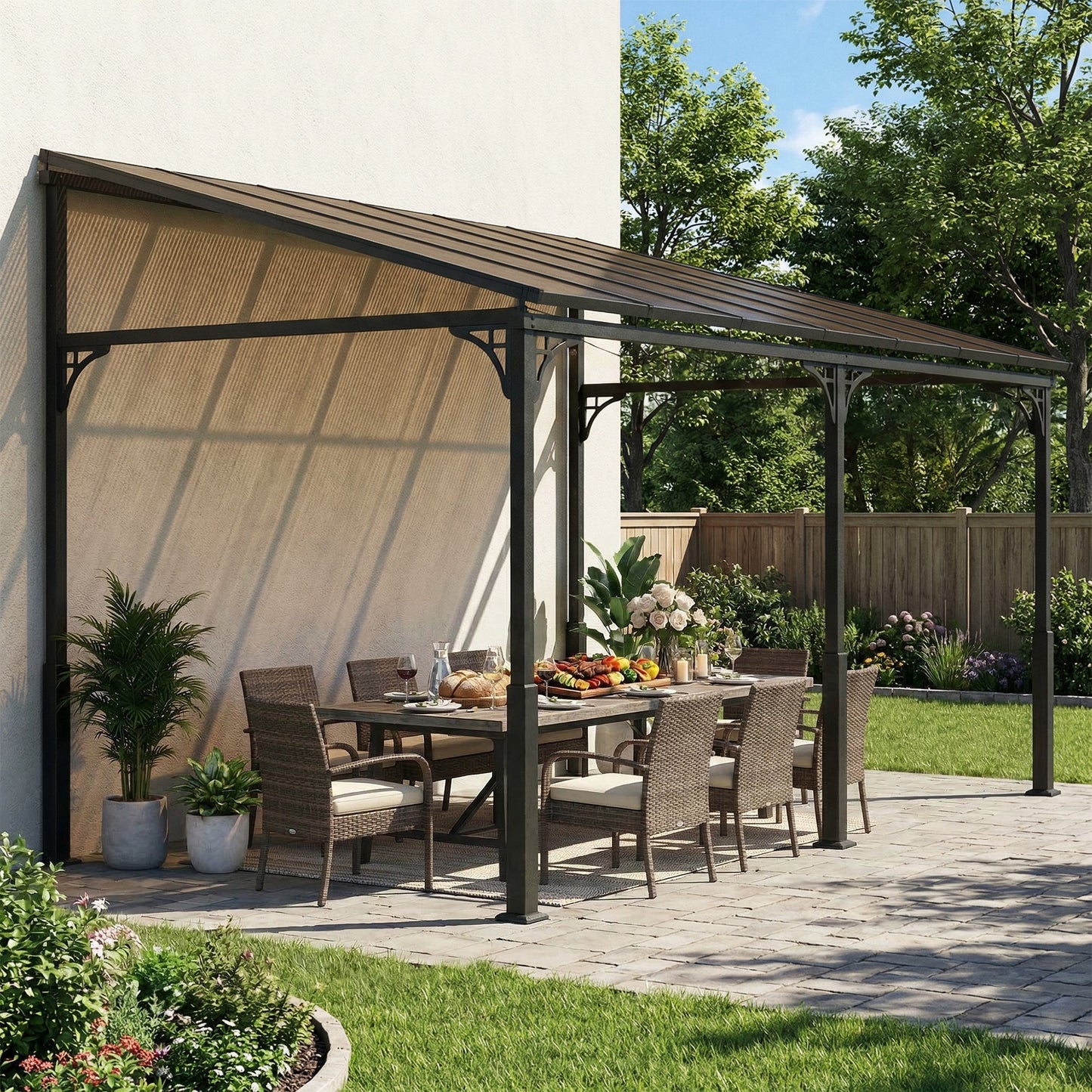 Outsunny 4 x 3 m Metal Lean To Pergola With Polycarbonate Roof Wall Mounted Garden Gazebo Brown