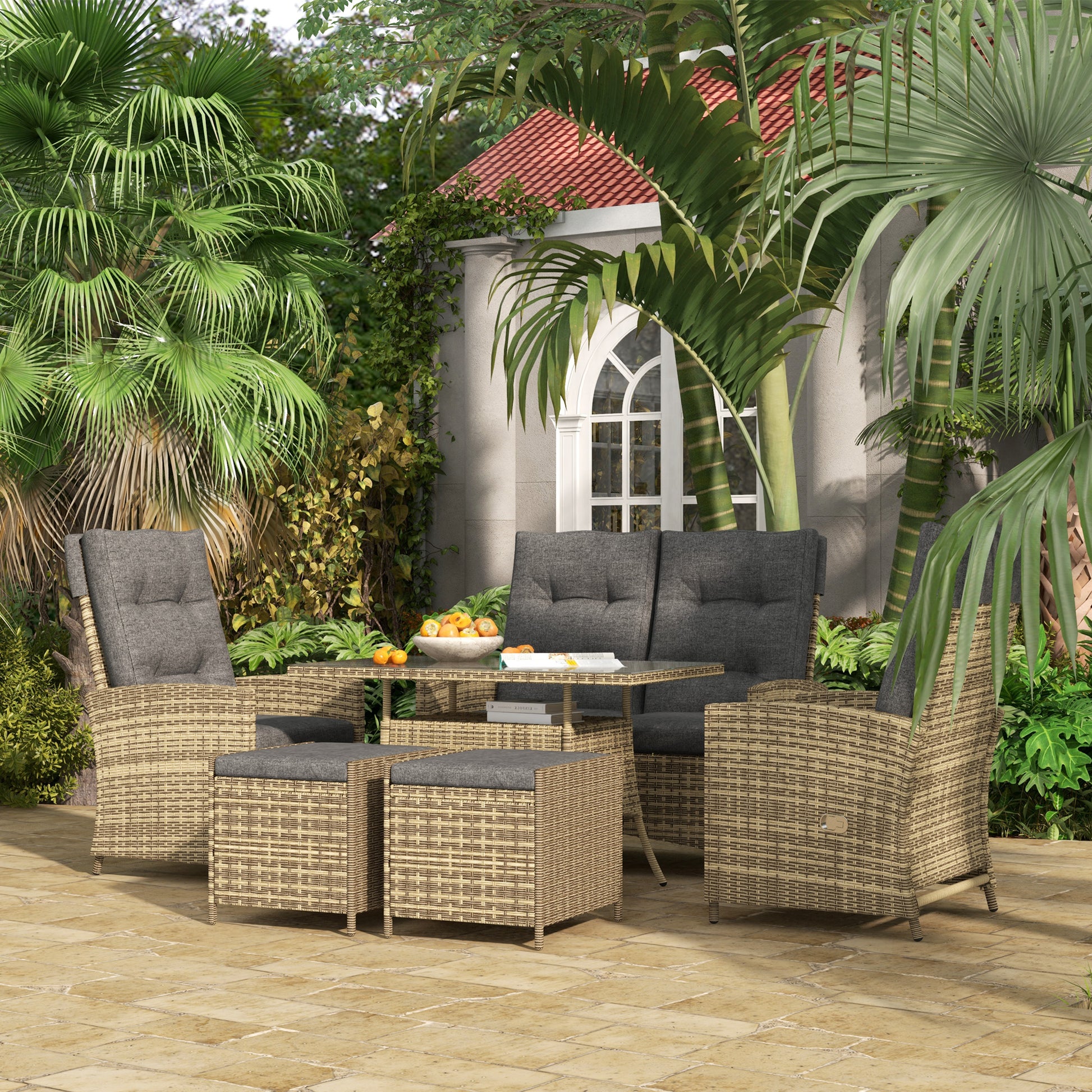 Outsunny Grey Rattan Outdoor Lounge Set with Reclining Chairs and Glass-Top Table - ALL4U RETAILER LTD