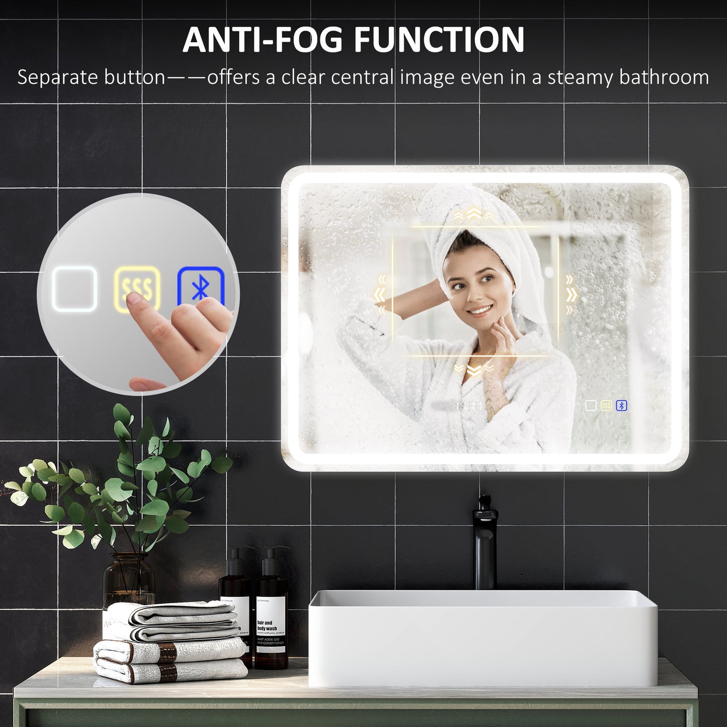 HOMCOM 80 x 60 cm Bluetooth Bathroom Mirror With LED Edge Lighting Silver Tone For Clear Illumination