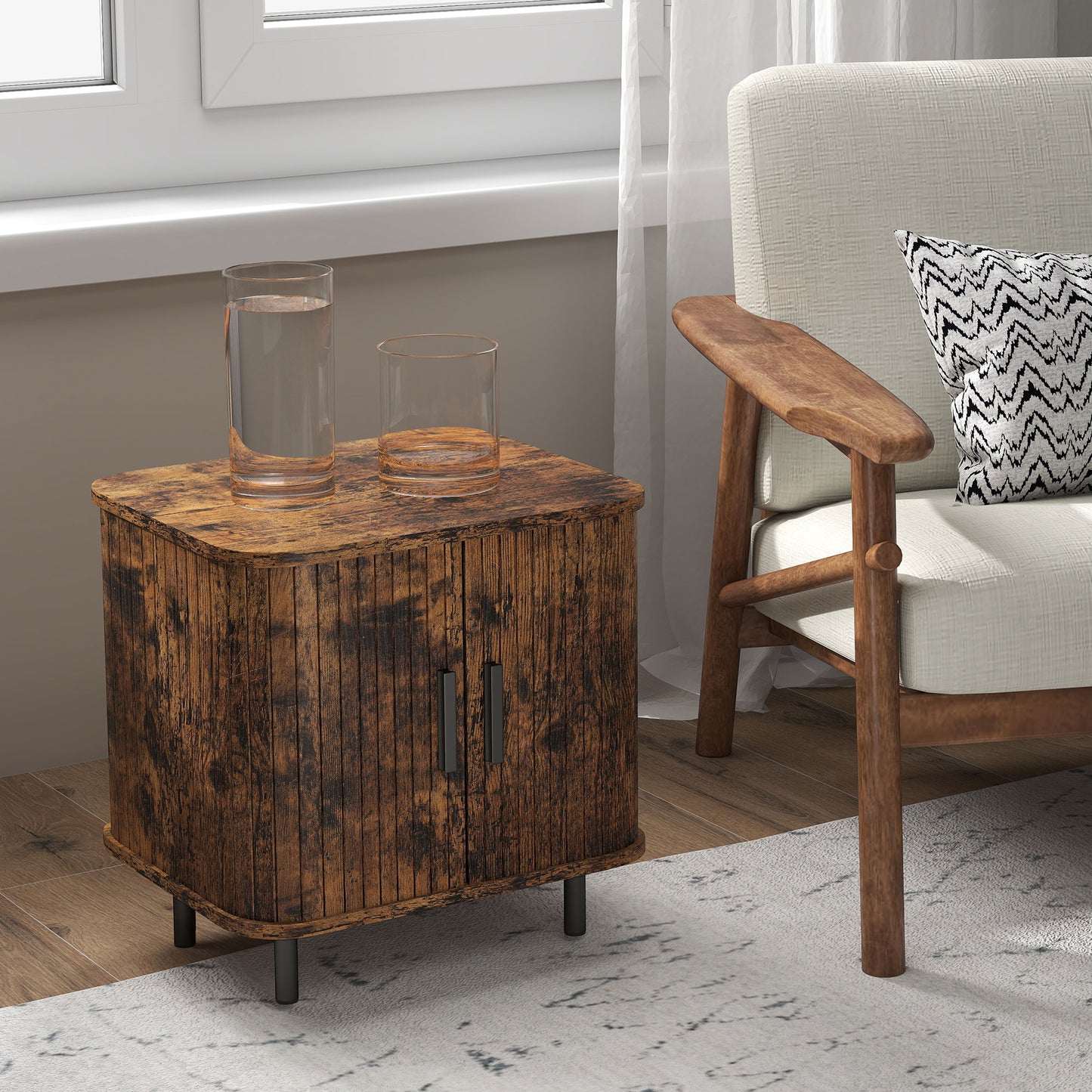 HOMCOM Bedside Table Nordic Nightstand With Roller Shutter Style Sliding Doors And Metal Legs Rustic Brown