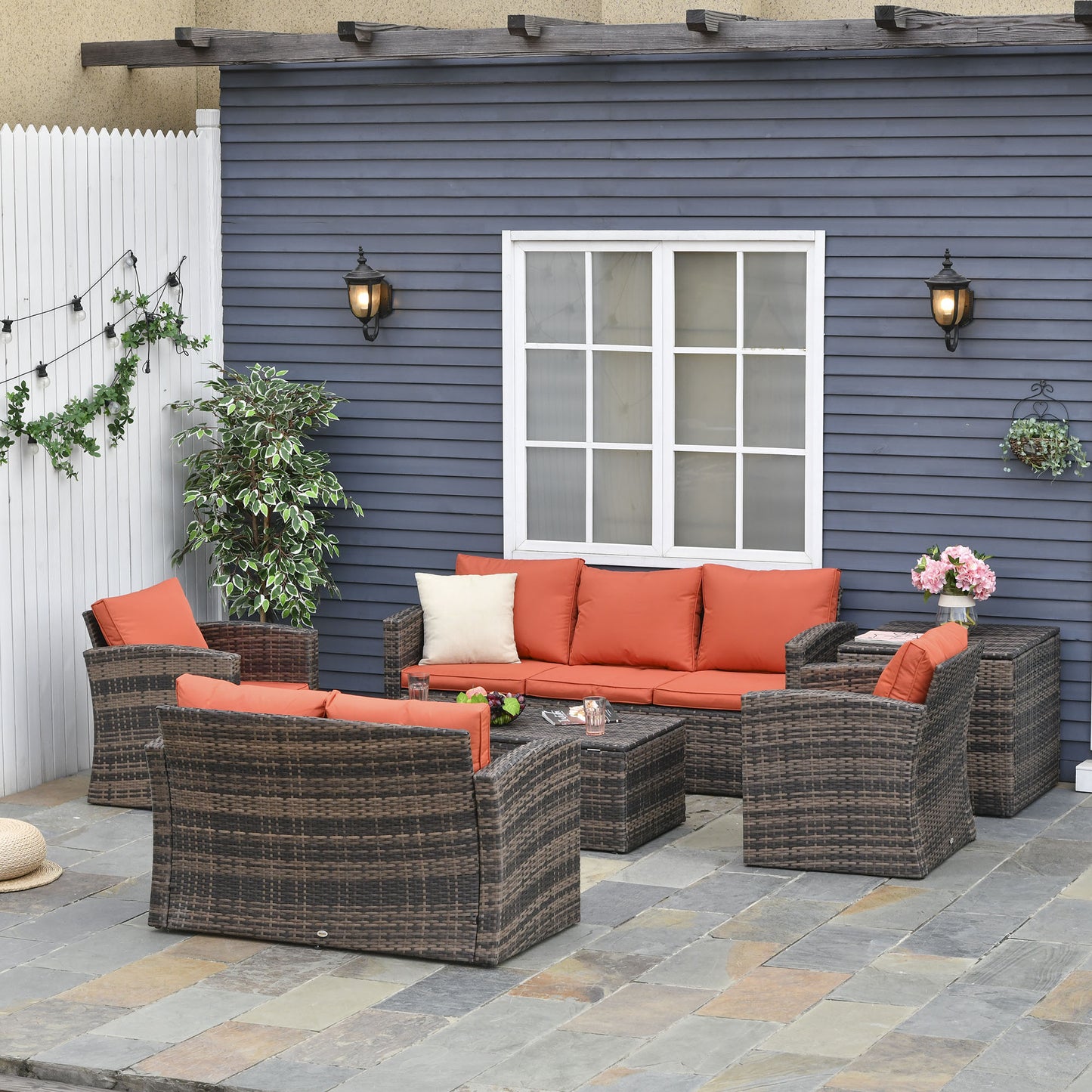 Outsunny 6 Piece Rattan Garden Set 7 Seater Wicker Outdoor With Storage Tea Table And Side Table Orange Cushions