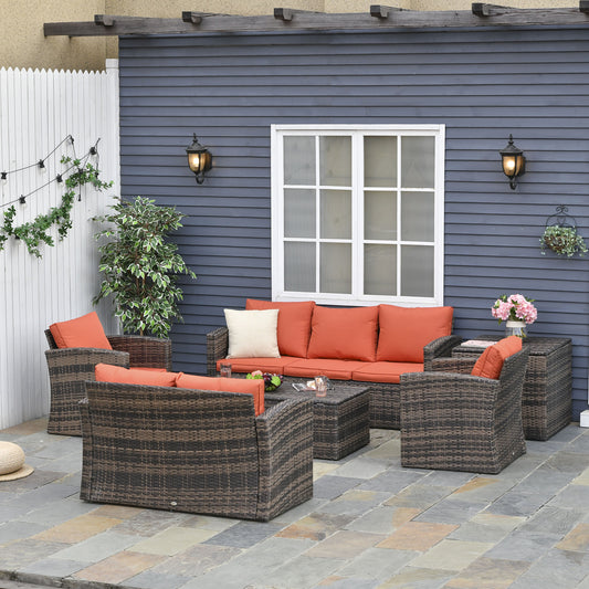 Outsunny 6 Piece Rattan Garden Set 7 Seater Wicker Outdoor With Storage Tea Table And Side Table Orange Cushions