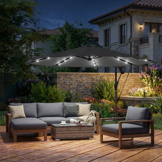 Outsunny 3 Meter Cantilever Parasol With Solar LED Lights Garden Umbrella Cross Base Black