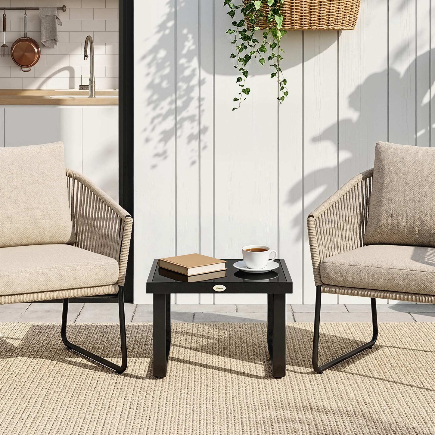 Outsunny Outdoor Garden Coffee Table With Rectangular Tempered Glass Top And Adjustable Foot Pads