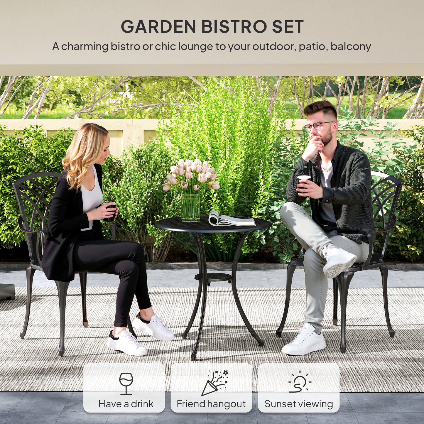 Outsunny 3 Piece Garden Dining Set For 2 Cast Aluminum Round Table With Parasol Hole And 2 Armchairs