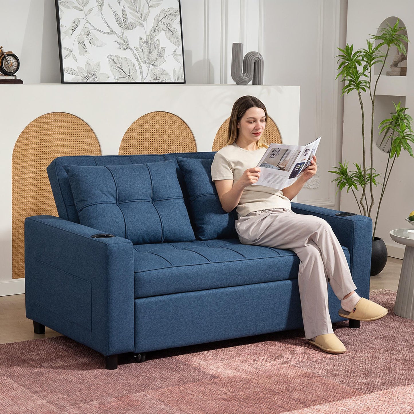 HOMCOM Two Seater Pull Out Sofa Bed In Dark Blue With Lounger And Sofa Bed Function 157 By 190 Centimeters