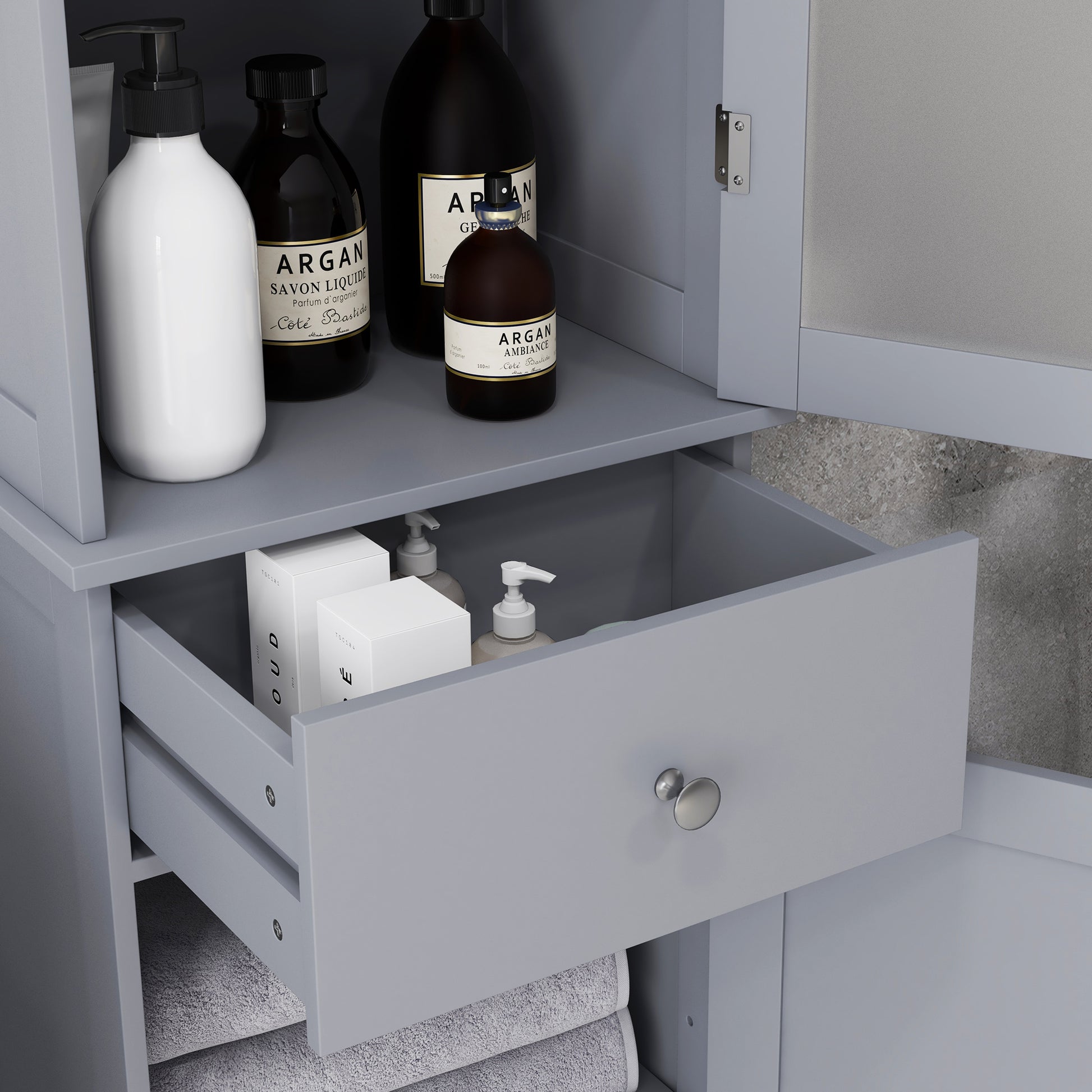 Slim Grey Bathroom Storage Cabinet with 3-Tier Shelves and Drawer - Tall Free Standing Organizer - ALL4U RETAILER LTD