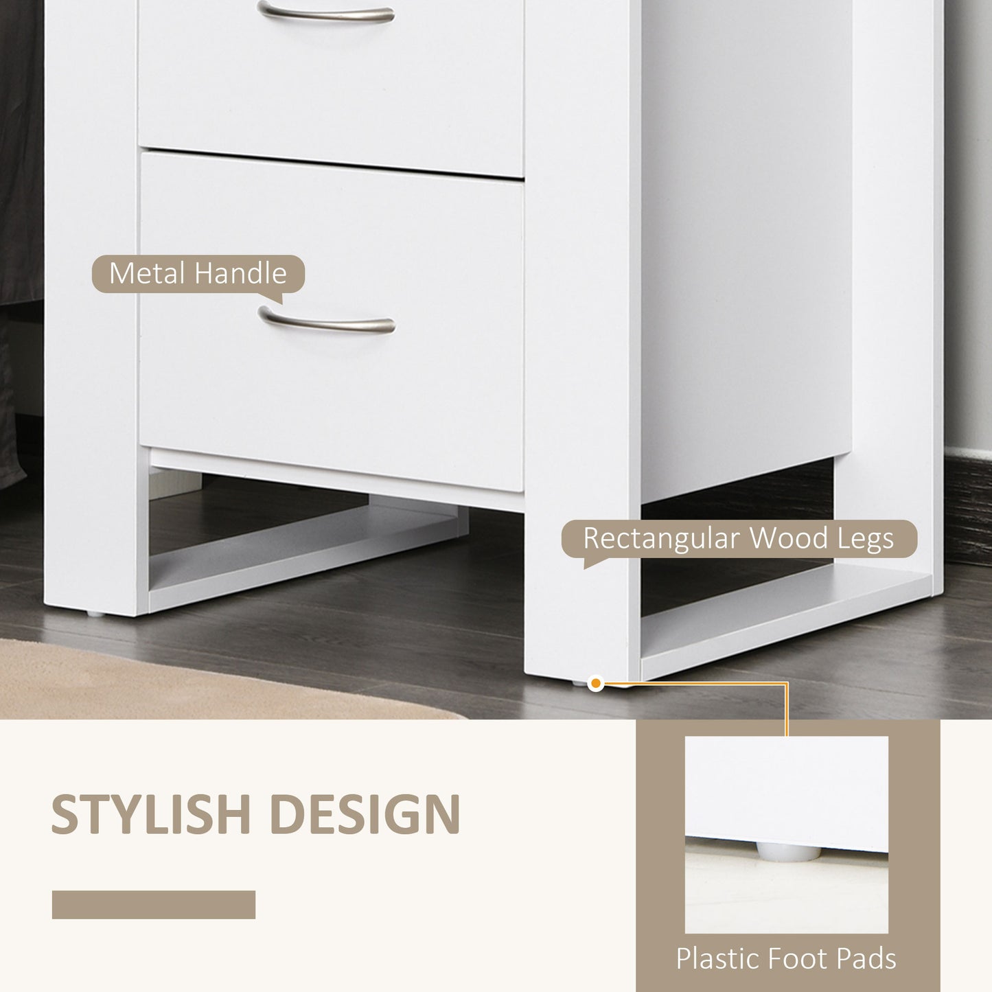 HOMCOM Bedside Table Set Of 2 With 2 Drawers And Handles Elevated Base White Melamine Finish